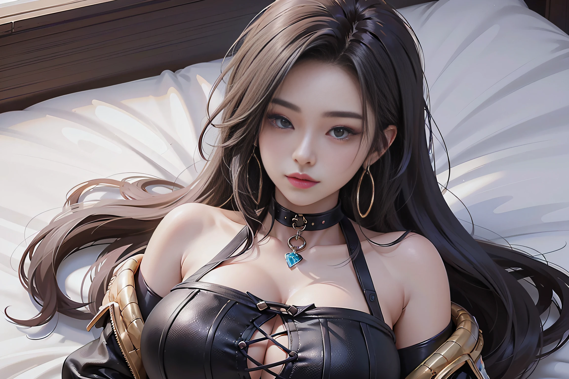 ((Realistic light、top-quality、8K、​masterpiece:1.3))、selfy、((1girl in))、A pretty woman with perfect figure:1.4、abdominals:1.1、(huge-breasted:1.5)、a bed、hyperdetailed face、A detailed eye、二重まぶた、perfect hand、Perfect fingers、perfect chest、perfect hair、face perfect、perfect bodies、smil,Lying