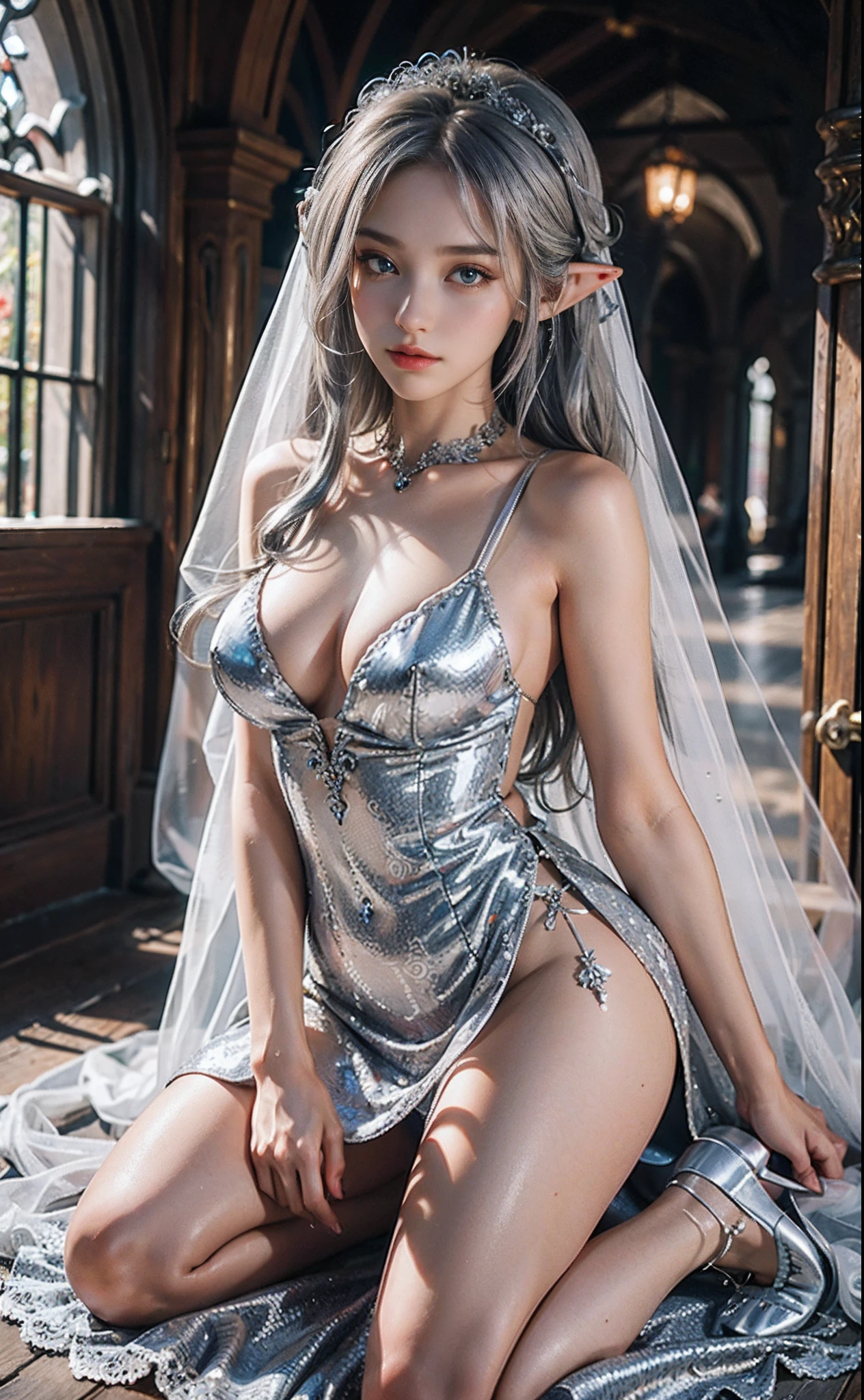 （European medieval manor：1 silver-haired girl，sliver long hair, Kneeling pose）， tmasterpiece， best qualtiy， RAW photogr， realisticlying， the face， Incredibly Ridiculous res， Beautiful elf beauty， ear studs， (Long silver hair)，(Light yarn wedding dress)，(Tulle dress long)，Conservative attire，stocklings，(Ribbon heels+)，depth of fields， A high resolution， ultra - detailed， filigree， RAWE is very detailed， very detailed eyes and faces， Sharp pupils， realistic pupil， tack sharp focus， cinmatic lighting，full bodyesbian，，long leges，From the front side，dynamicposes