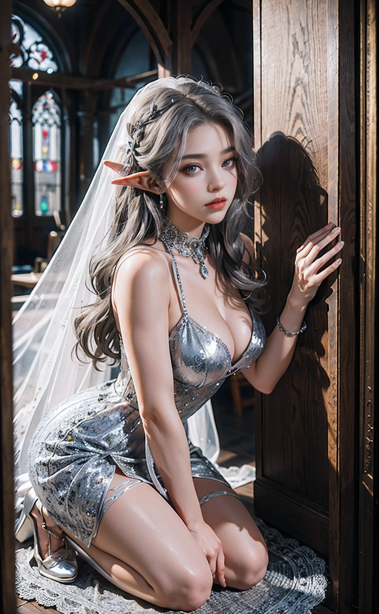 (European medieval manor:1 silver-haired girl,sliver long hair, Kneeling pose), tmasterpiece, best qualtiy, RAW photogr, realisticlying, the face, Incredibly Ridiculous res, Beautiful elf beauty, ear studs, (Long silver hair),(Light yarn wedding dress),(Tulle dress long),Conservative attire,stocklings,(Ribbon heels+),depth of fields, A high resolution, ultra - detailed, filigree, RAWE is very detailed, very detailed eyes and faces, Sharp pupils, realistic pupil, tack sharp focus, cinmatic lighting,full bodyesbian,Bigboobs,long leges,From the front side,dynamicposes