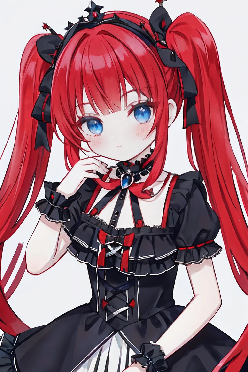 Red hair, Blue eyes, twintails, Goth ta, Darkgoth, Collar,Crown tiara,pride,solo,lolig hair,{{best quality}}, {{masterpiece}}, {{ultra-detailed}}, {illustration}, {detailed light}, {an extremely delicate and beautiful},