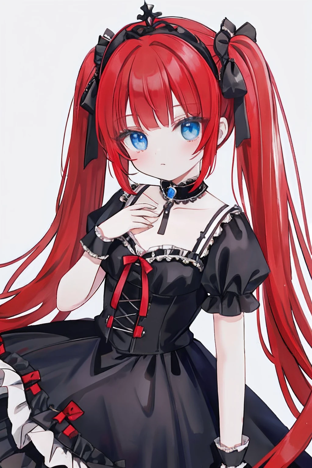 Red hair, Blue eyes, twintails, Goth Lolita, Darkgoth, Collar,Crown tiara,pride,solo,loli,Long hair,{{best quality}}, {{masterpiece}}, {{ultra-detailed}}, {illustration}, {detailed light}, {an extremely delicate and beautiful},
