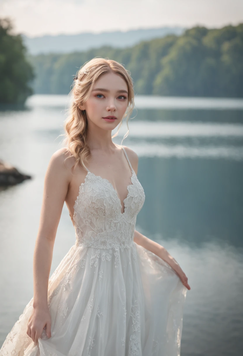 Two beautiful girls, (Realistic:1.3) Full body, Standing photo, Stand in front of the blue lake, white wedding dress, Soft dress, a blond, Blue eyes, Wavy Hair, masutepiece, Diffuse soft film lighting, Portrait, Best Quality (Perfect face:1.4), Ultra-realistic and highly detailed、Complex and、Realistic simulation style photos focus on the eyes, Cinematic lighting, studio shot, Gorgeous poses