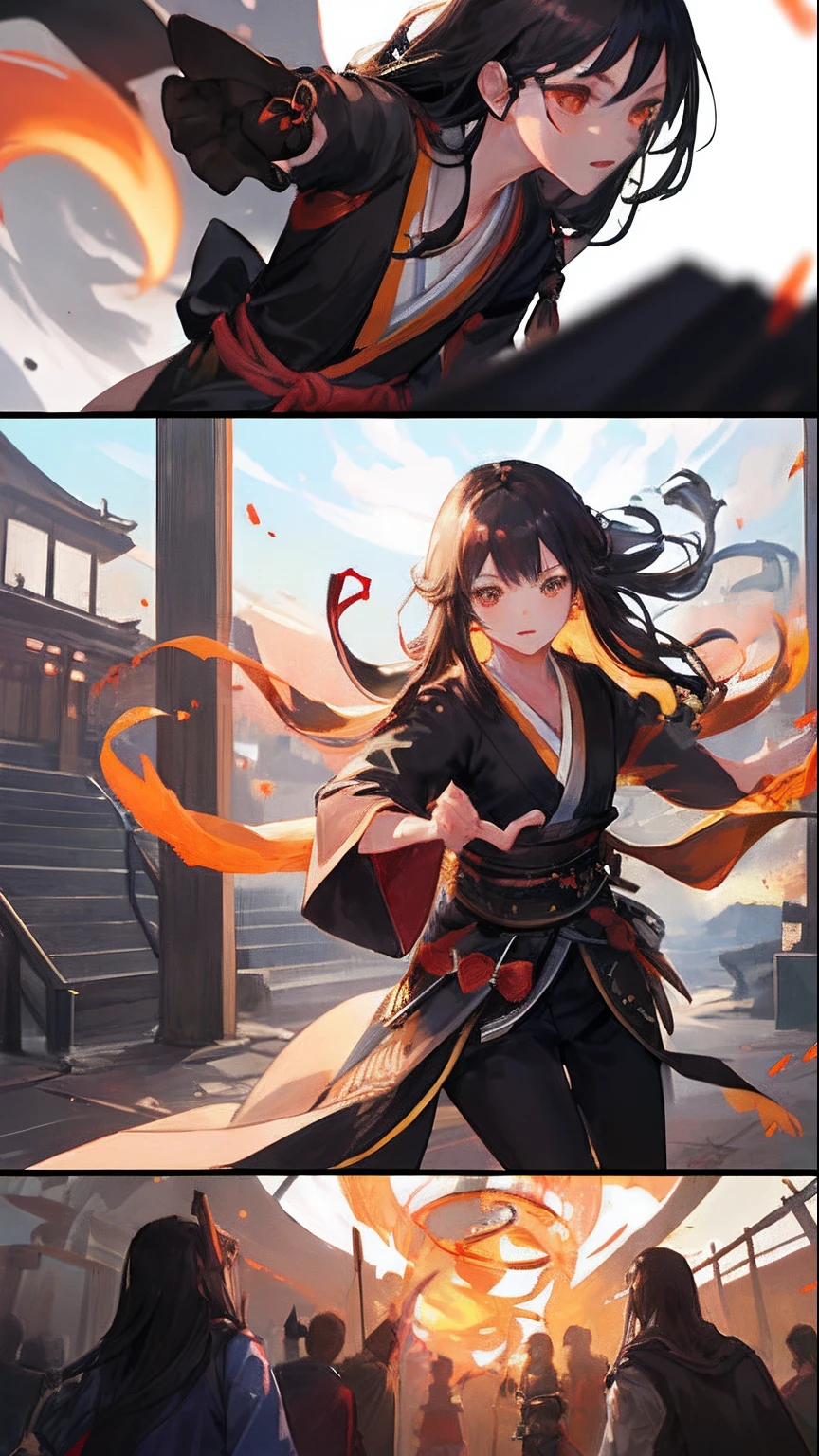 girl, dark long hair, orange kimono, magician, shrine maiden,  action pose, war, black body suit, fantasy background, magic power, arknights style