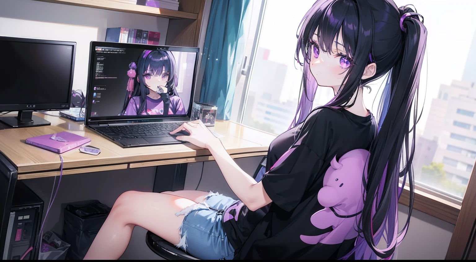 anime style photo of spring vasu, anime girl with long black hair and purple eyes, using computer, in anime style spring vasu's house, wearing jeans and black tshirt with purple elephant doodle on tshirt, tight blue jeans, sitting on computer chair, using computer, looking at the computer, from back camera angle, full room view