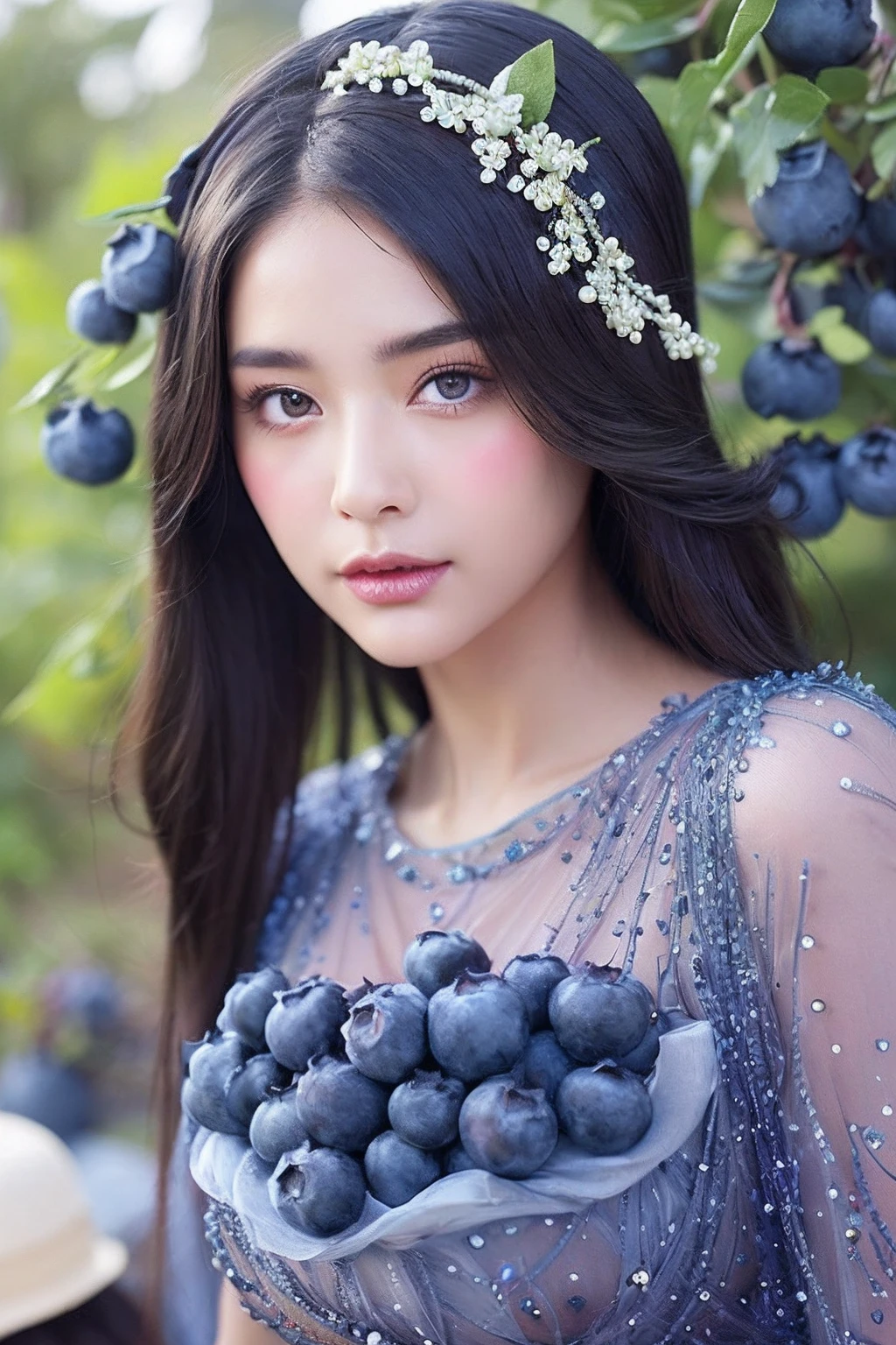(extra detailed body、extra detailed face、best qualtiy:1.2)、femele、looking at the viewers、(Fashion Show Clothes、Fancy hats、Fancy fashion、Fancy piercings、a cool)、(Blueberries on the background:1.4)