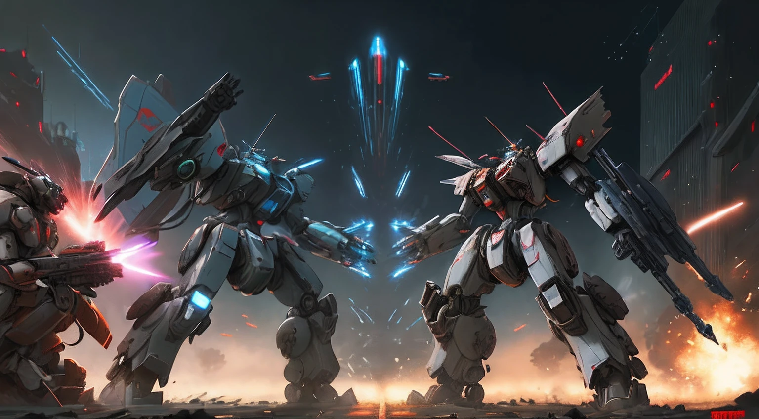 Two robots fighting each other in one scene, war mechs fighting, mech machines firing bullets, soldiers and mech fight, mechanized art concept, mecha art, comic book style battlemech, mech concept art, robots fight, cool mecha style, battlemech, battlemech, arstation and beeple highly, scifi robots, mech robot futuristic