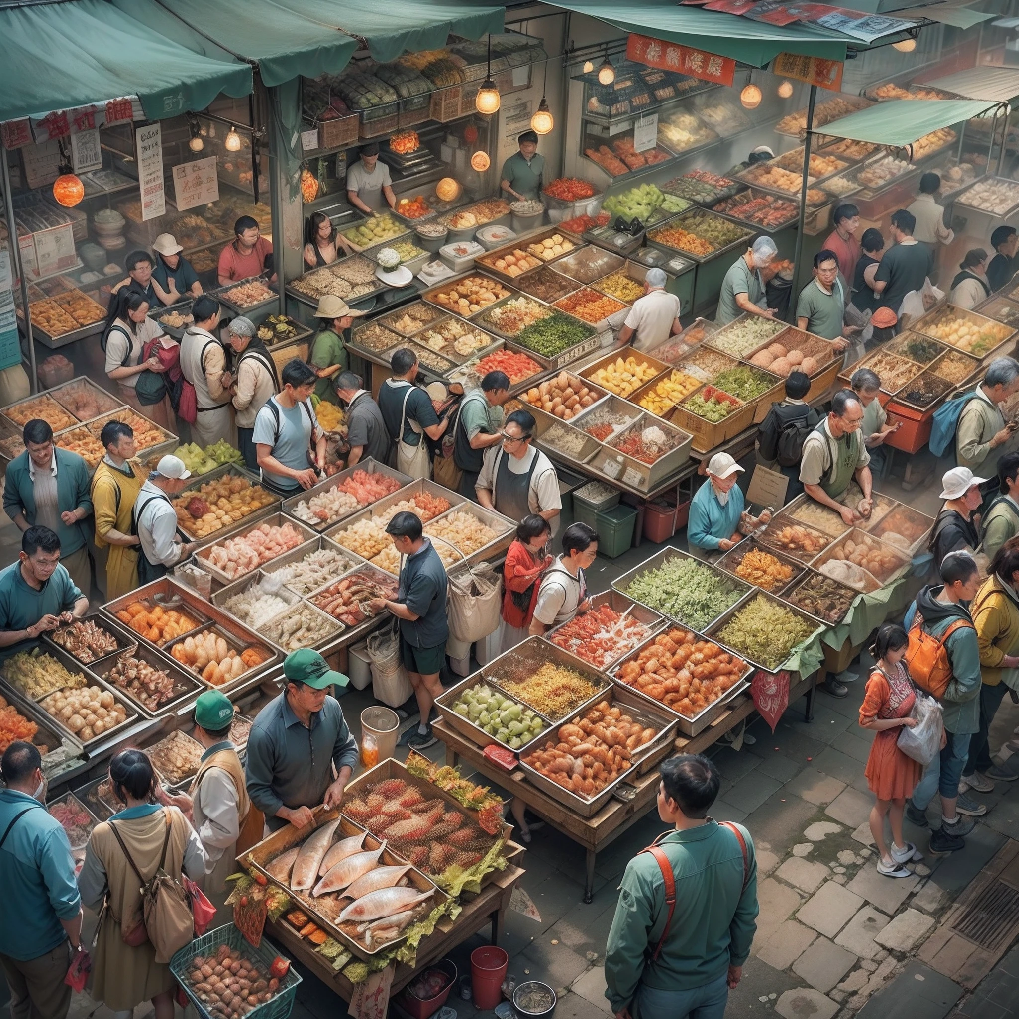 Bustling fish market, People rush to the seafood stalls with large bags full of various seafood products, The price tags on the stalls show exorbitant numbers, People buy like crazy, ,in the style of the stars art group xing xing, 32K, Best quality, Masterpiece, Super detail, High details