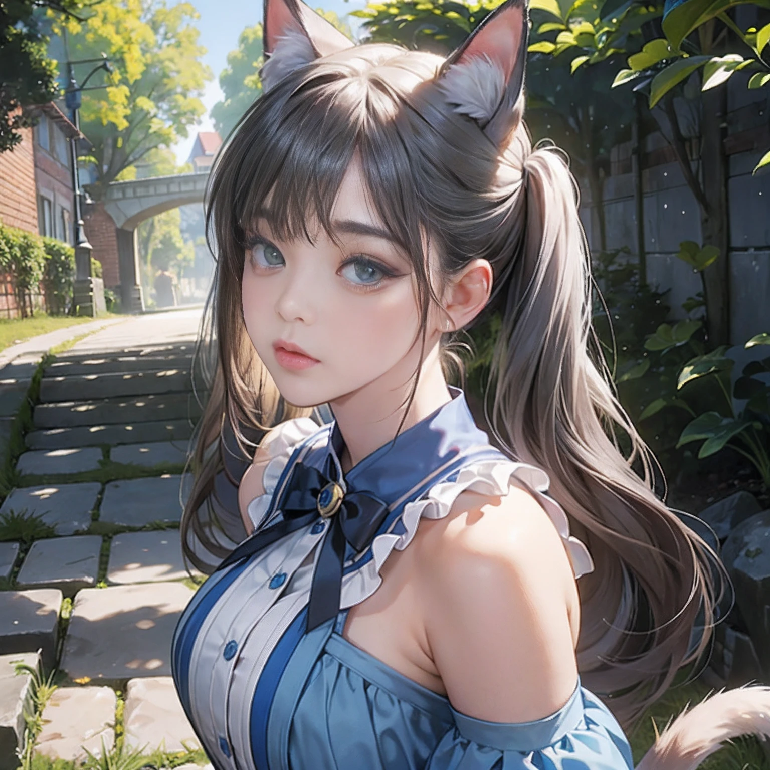Women in Their 20s, Fantasia、offcial art, unity 8k wall paper, ultra-detailliert, beautifly、Aesthetic, masterpiece, top-quality, Photorealsitic、Big eyes、Cat-eared clan、Cat's ears、very thick tail:1.5、very thick and long tail、dark brown eyes、Silver-white hair、shorth hair、Pigtail hairstyle、Blue Ribbon、Collar with bell:2.0、Blue Short Dress、depth of fields, Fantastic atmosphere, Calm palette, tranquil mood, Soft shading、cobblestone road、Stone signpost、Rivers and bridges、Beautiful Landscapes、bbw、very large breast、plump figure、Sky with stars、Crescent、Lamp Light