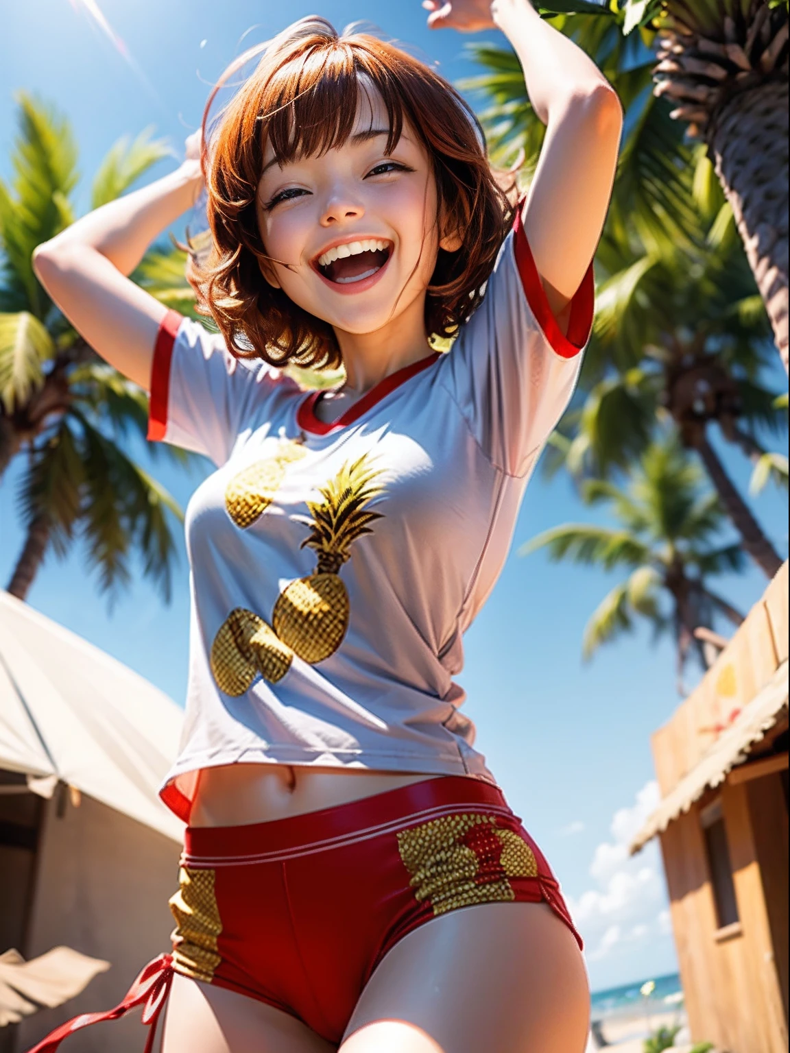 1girl in(((Laughing)))、Reaching the climax:1.3, short-cut、masutepiece、Bottoms are randomly generated、( Pineapple illustration printed shirt )、brown and dense hair、Red GI Cut、fleeing、Show me the wind blowing her clothes,Background bokeh:1.5