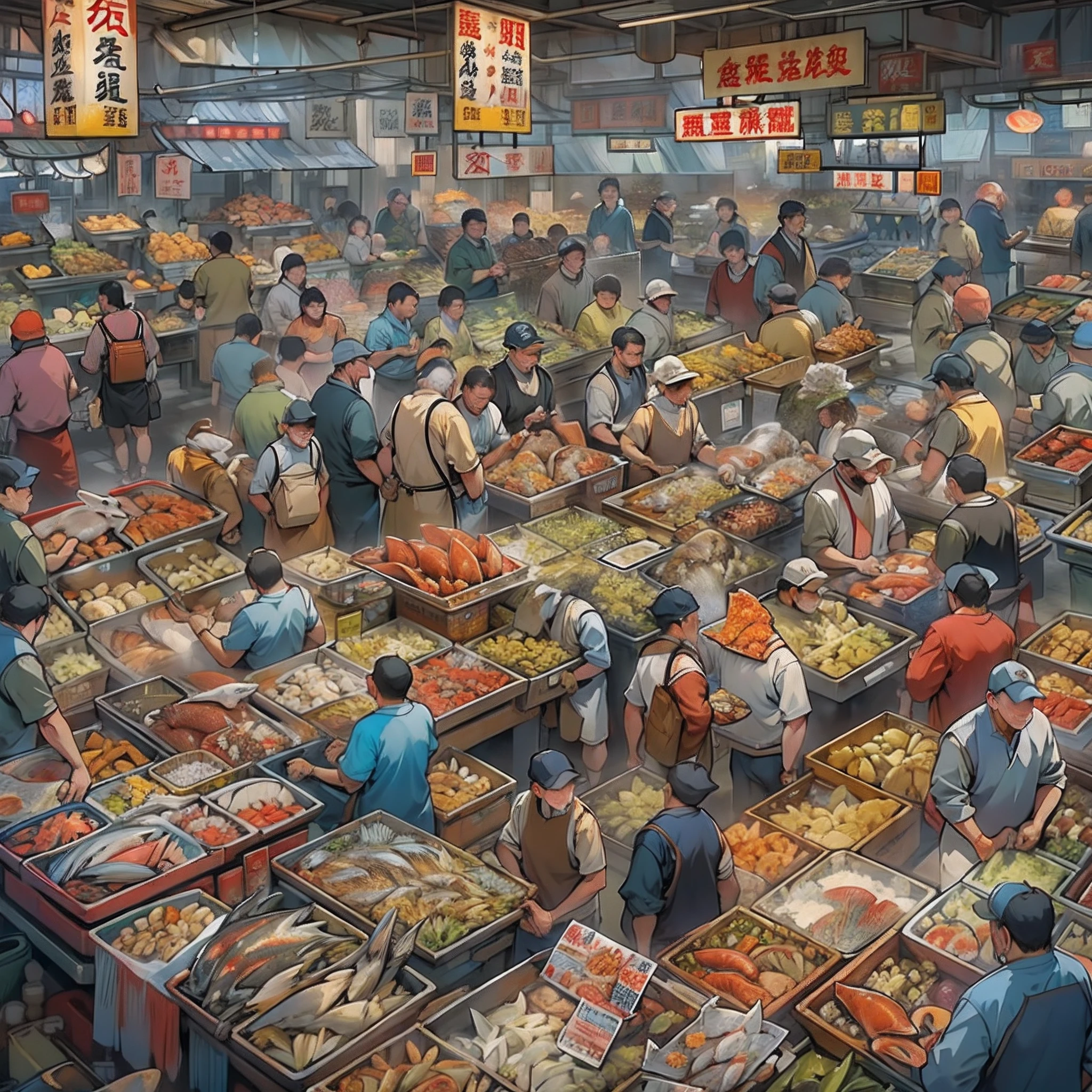 hyper HD,Bustling fish market, People rush to the seafood stalls with large bags full of various seafood products, The price tags on the stalls show exorbitant numbers, People buy like crazy, ,in the style of the stars art group xing xing, 32K, Best quality, Masterpiece, Super detail, High details