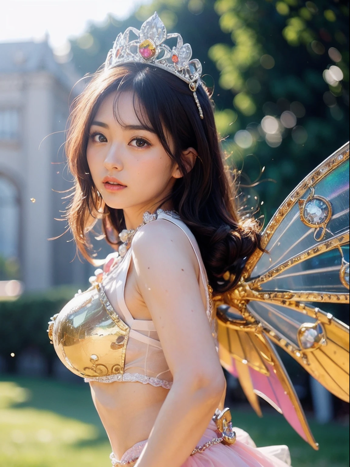 (masutepiece), Professional , ​masterpiece、top-quality、photos realistic , depth of fields （Gemstone Flower Metal Body:1.4),(Matte White、Fairy of Light、Particles of light、Jewel Gold Weapon、（Gorgeous castle background）、（ultimate beauty girl）、（Flower rainbow fairy wings grow）、（Jewel Flower Metal Body:1.4),Gorgeous Jewel Metal Weapons , Detailed Sword of the Brave ,（ a blond）   ,warhammer 40k ,(（Floral Micro Bikini）)、Particles of light、（Beautiful flower garden background）、 adepta sororitas,Detail and ornate jewel crown、2guys、Brown hair、（Gangle's forest background）、Beautiful Caucasian beauty、dynamic ungle,(((Diamond tiara with detail and luxury)))、a small face、Powerful poses、（Gorgeous castle background）、huge filesize、20 year old beautiful woman、Thin female fingers、Straight long hair、Beautiful Caucasian beauty、Valley、Fairy of Light、Particles of light、