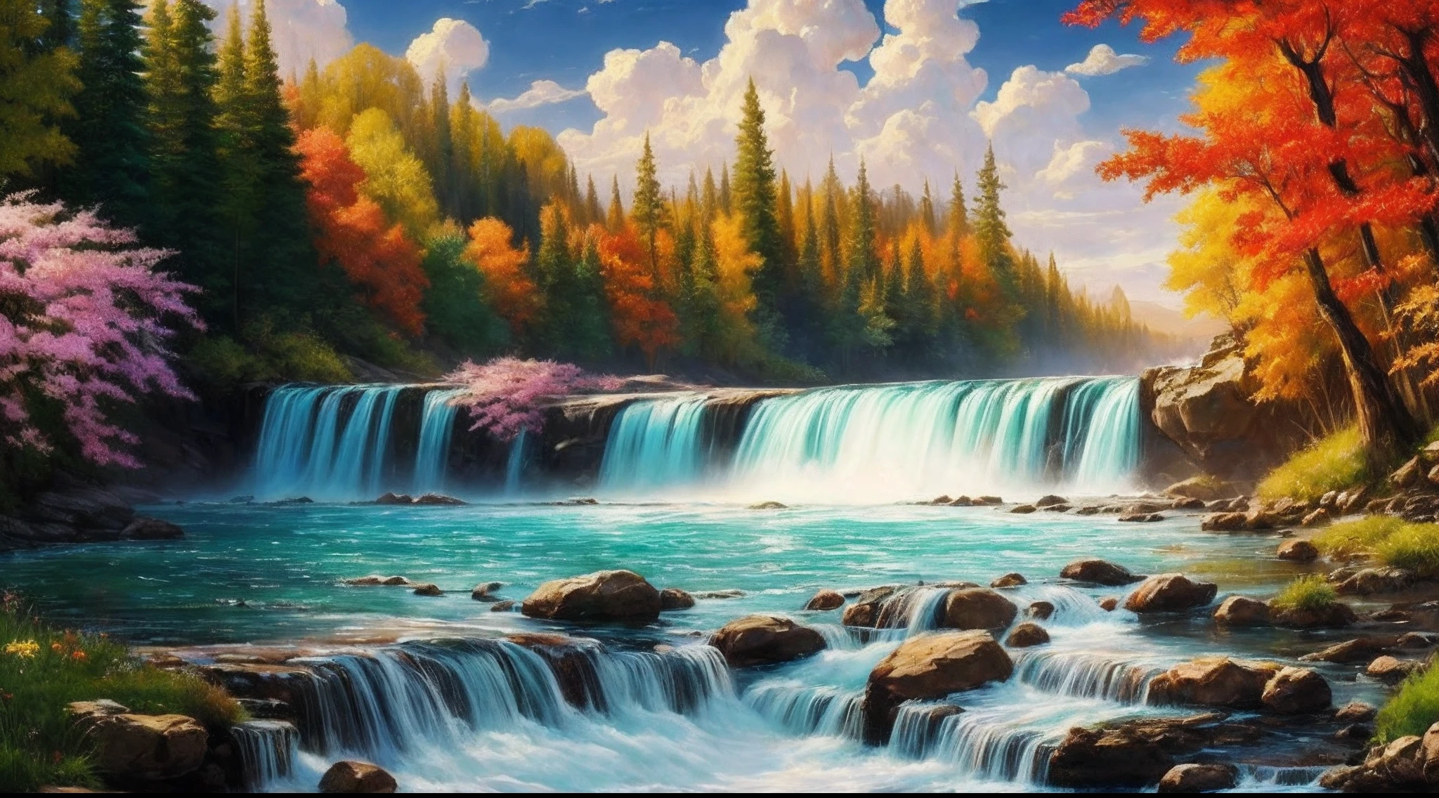 style, ChromaV5, nvinkpunk, (extremely detailed CG unit 8k wallpaper), an illustration of a bright and majestic waterfall cascading down a rocky cliff, illuminated by the bright sun, The water glows when it falls, casting a rainbow of colors, the surrounding landscape is lush and verdant, with tall trees and wildflowers, award-winning photography, chromatic aberration; Geometric shapes; Bokeh, Depth of Field, Photorealist, Detailed, Bloom, HDR, oil painting by John Singer Sargent, Frederic Church and Thomas Moran, trend in ArtStation, trend in CGSociety, art in the middle of the journey