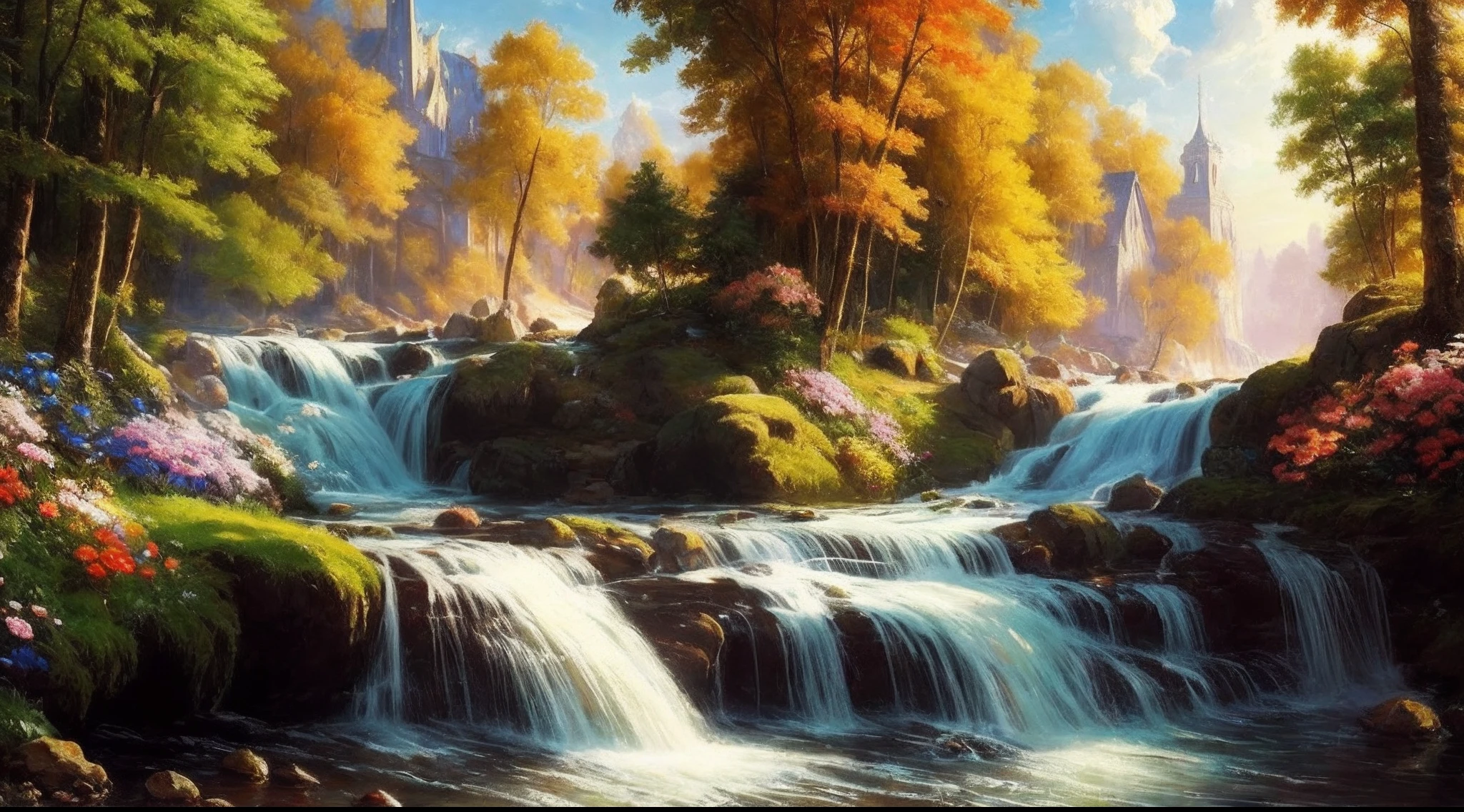 style, ChromaV5, nvinkpunk, (extremely detailed CG unit 8k wallpaper), an illustration of a bright and majestic waterfall cascading down a rocky cliff, illuminated by the bright sun, The water glows when it falls, casting a rainbow of colors, the surrounding landscape is lush and verdant, with tall trees and wildflowers, award-winning photography, chromatic aberration; Geometric shapes; Bokeh, Depth of Field, Photorealist, Detailed, Bloom, HDR, oil painting by John Singer Sargent, Frederic Church and Thomas Moran, trend in ArtStation, trend in CGSociety, art in the middle of the journey