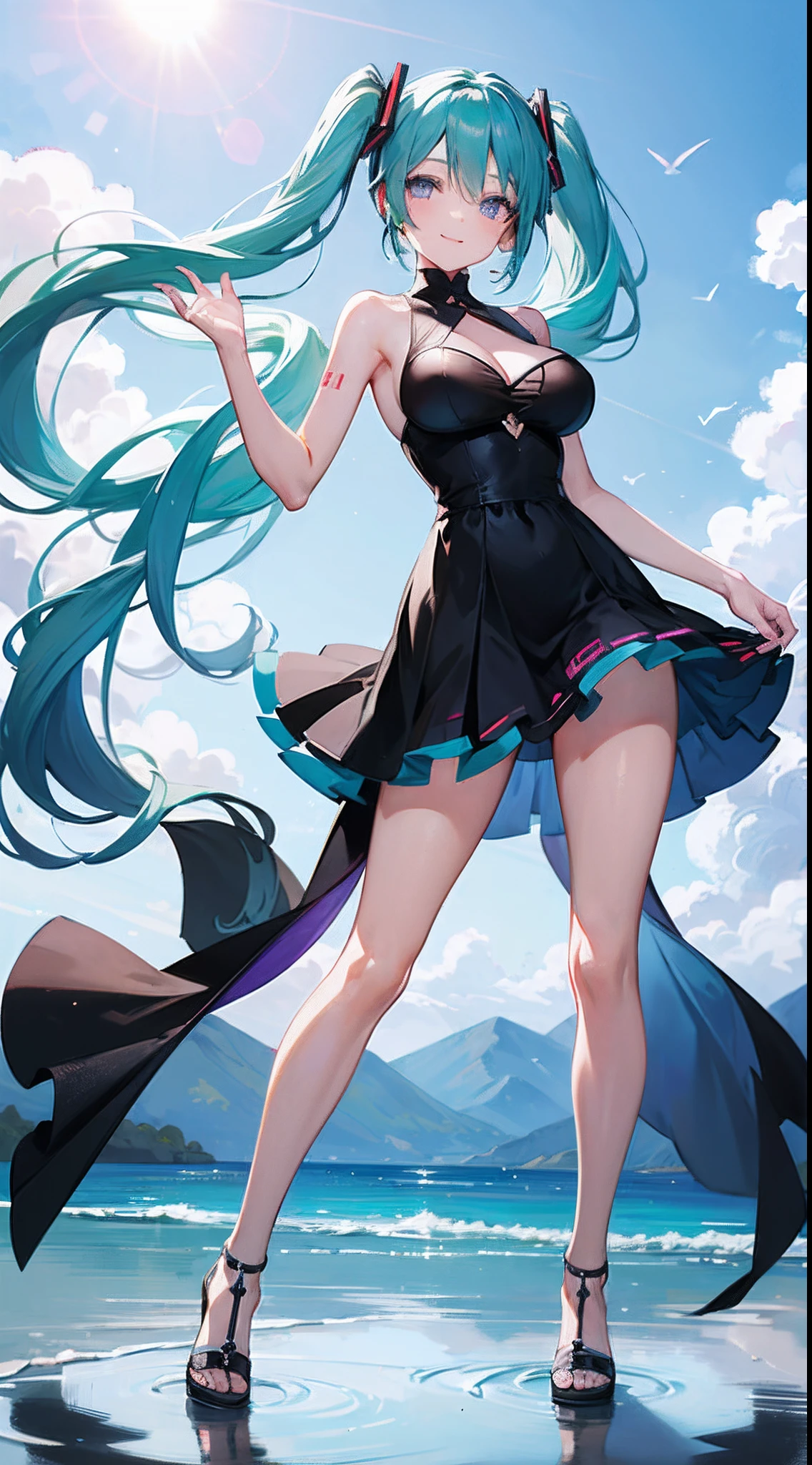 ((masterpiece)), ((best quality)), (ultra-detailed), ((kawaii)), cute, (lovely), ((sexy)), (ero), ((extremely detailed)), 4K, (8K), best quality, (beautiful), anime style, dynamic angle, full body, raise a hand, look up from below, full body focus, sunflower, beautiful sky, summer, Hatsune Miku, Miku, one-piece dress, beautiful green hair, beautiful purple eyes, ((beautiful eyes)), white-skinned, transparent hair, translucent hair, large breast, smile, lens flare, wind effect, reflection effect