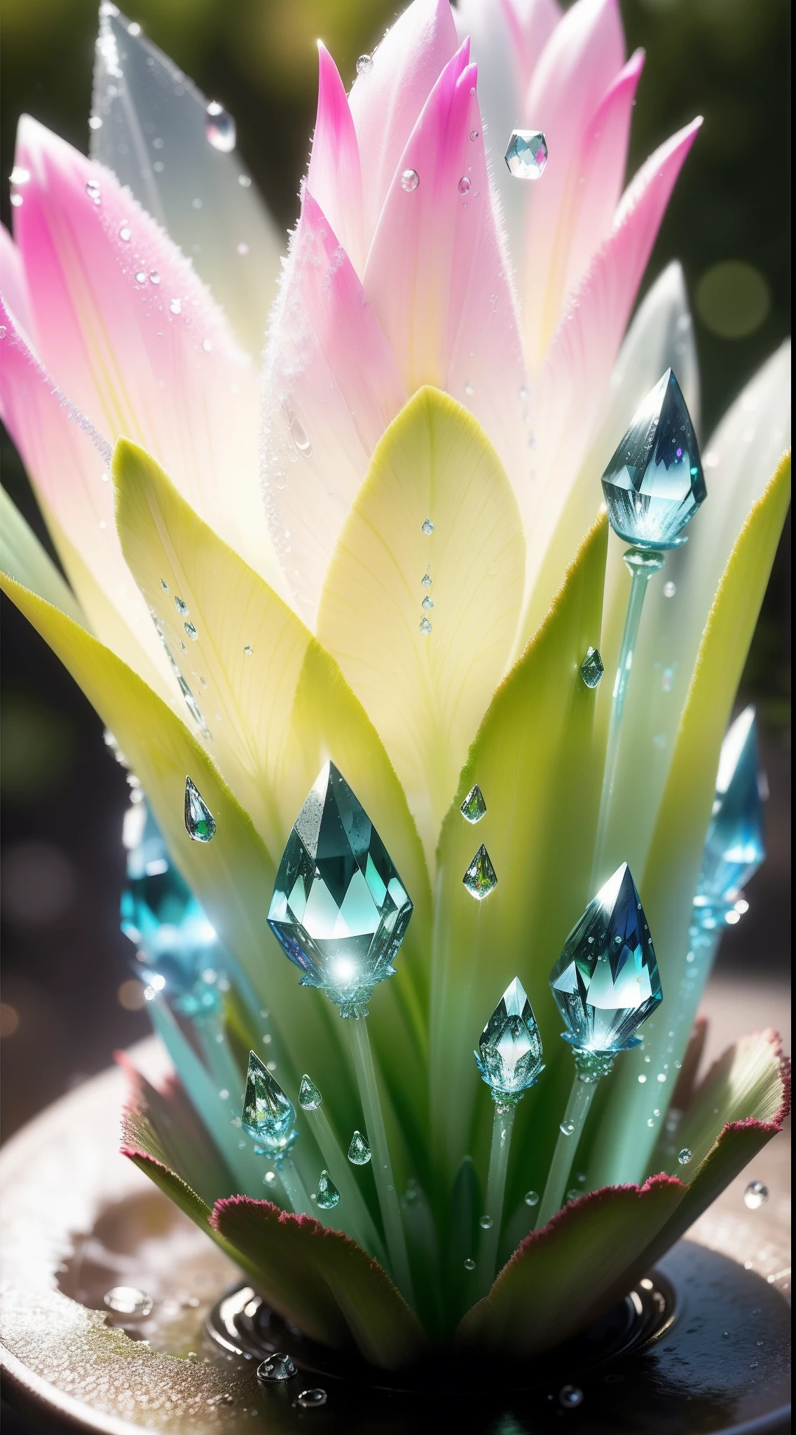 Crystal tulip, water drops, bokeh, Mossy background, Splendor, Colorful, Amazing photography, photo-realism, ultra - detailed, 4K, depth of fields, A high resolution, film grain, macro