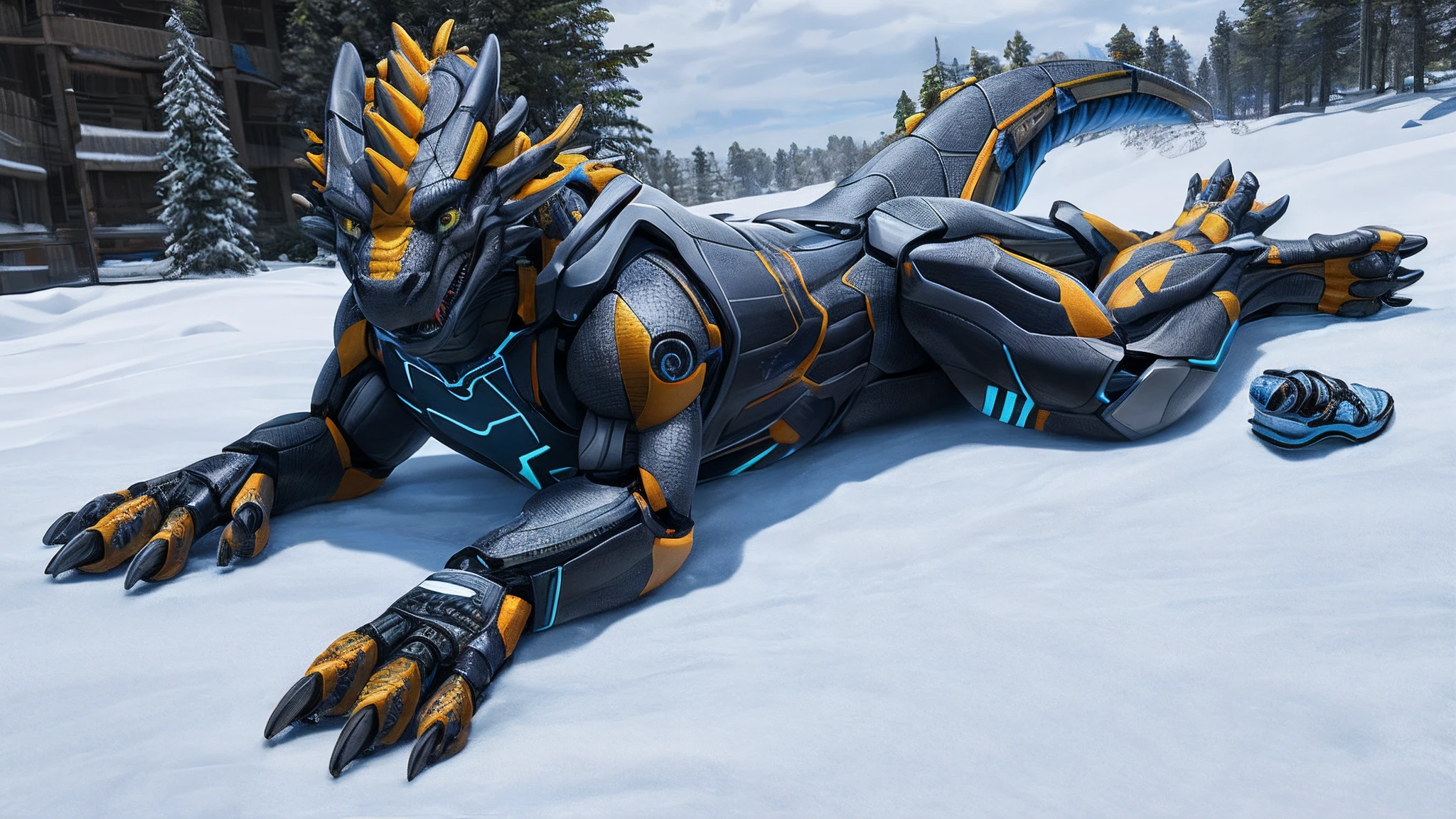 Bionic robot dragon,male,Android,Red Lingeri,sandals,Lying on the snow,HD graphics,Detailed and realistic,high detal,high qulity,photo-realistic,photorealistic eye,Detailed paws,Clear eyes,Masterpiece artwork,Five-fingered hands,top-quality,32k,hyper HD