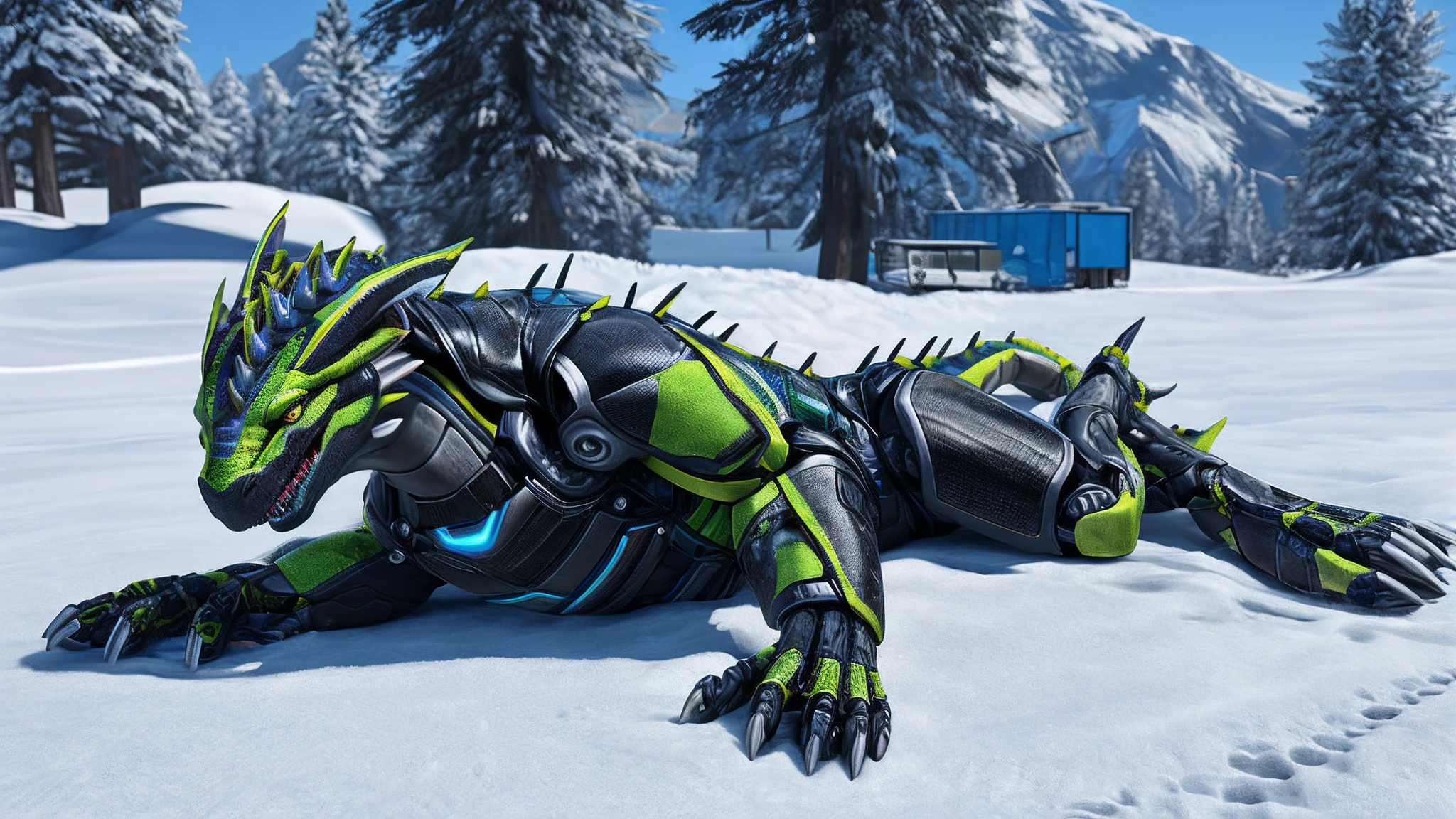 Bionic robot dragon,male,Android,Red Lingeri,sandals,Lying on the snow,HD graphics,Detailed and realistic,high detal,high qulity,photo-realistic,photorealistic eye,Detailed paws,Clear eyes,Masterpiece artwork,Five-fingered hands,top-quality,32k,hyper HD