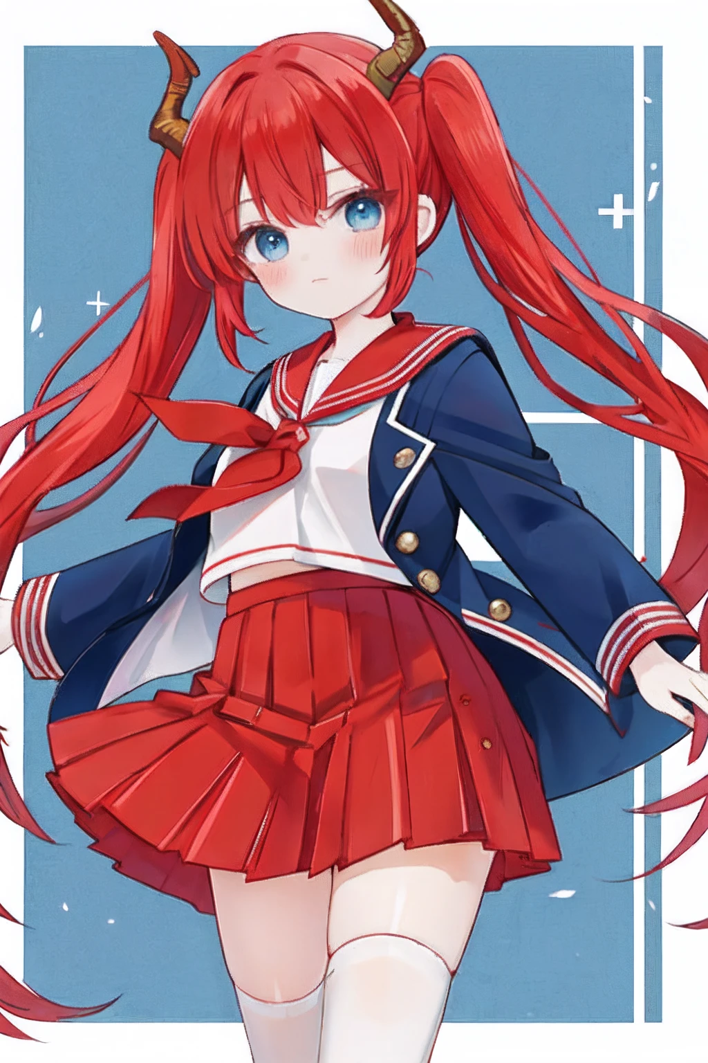 red hair, blue eyes, twintails, Sailor suit,coat, Dragon horns,Pleated skirt,solo