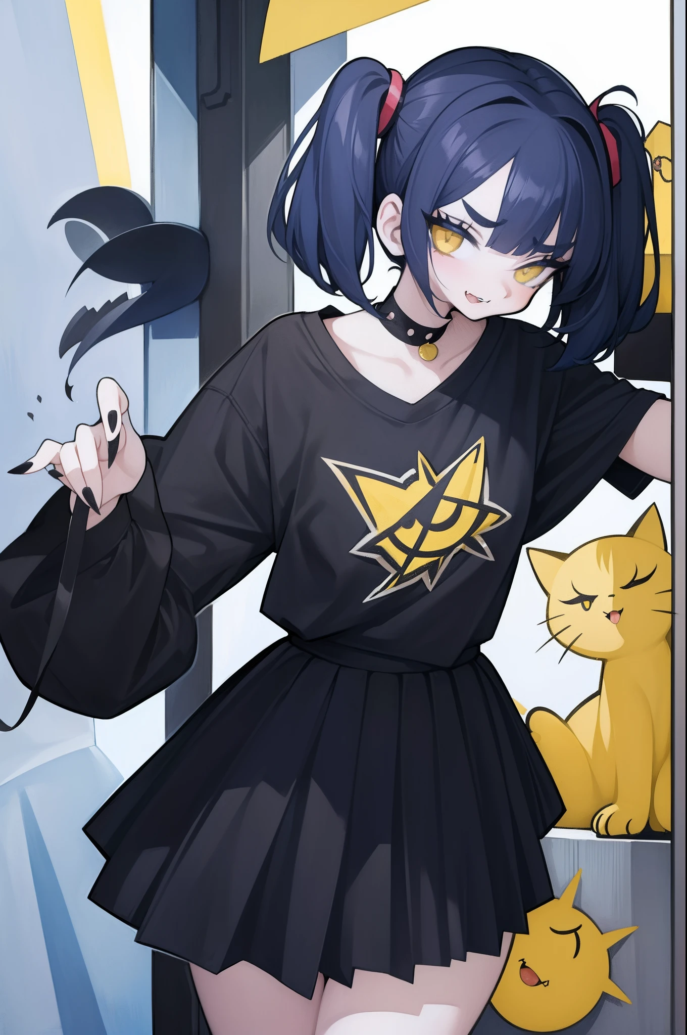 masterpiece, 1 girl, dark blue haired、messy Hair, short hair、pigtails, blunt bangs, slanted bangs, yellow cat eyes, x shaped pupils, Detailed eye drawing、thick eyebrows, Slim Body, slim legs, spike choker, black shirt, black pleated skirt, tattoo, lots of piercing, black nails, Spiteful smile、fangs、split tongue, yellow theme