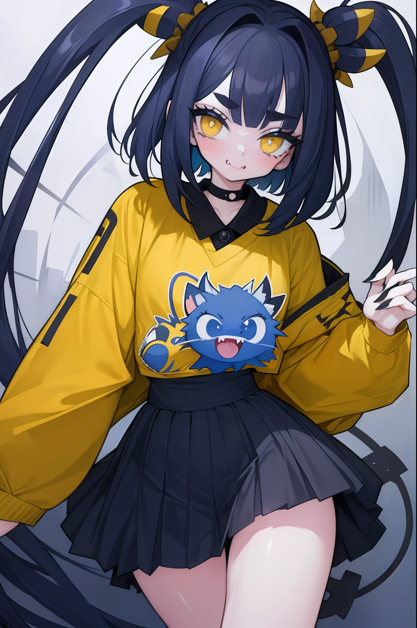 masterpiece, 1 girl, dark blue haired、messy Hair, short hair、pigtails, blunt bangs, slanted bangs, yellow cat eyes, x shaped pupils, Detailed eye drawing、thick eyebrows, Slim Body, slim legs, spike choker, black shirt, black pleated skirt, tattoo, lots of piercing, black nails, Spiteful smile、fangs、split tongue, yellow theme