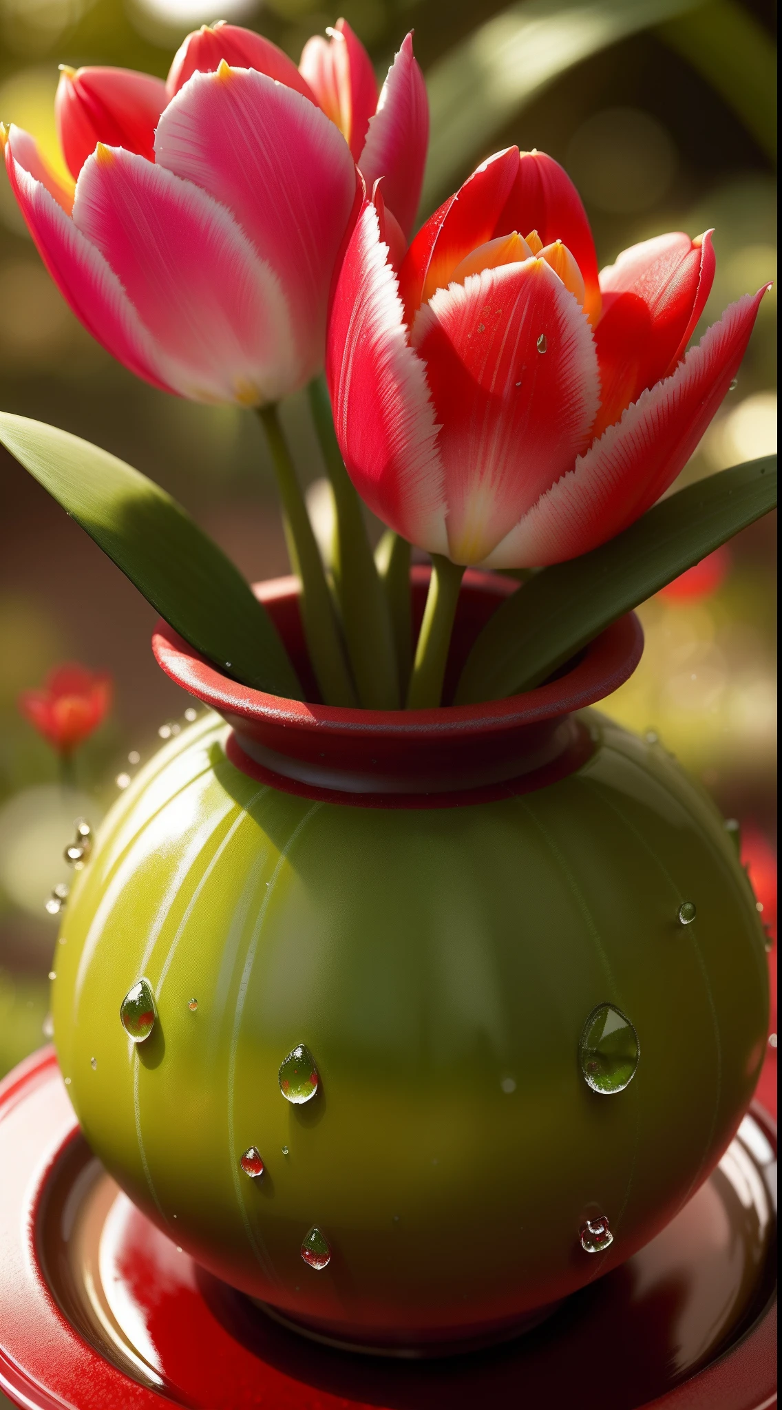 Scarlet tulips, cactus, water drops, bokeh, Mossy background, Warm, muted, tonesSplendor, Colorful, Amazing photography, photo-realism, ultra - detailed, 4K, depth of fields, A high resolution, film grain, macro