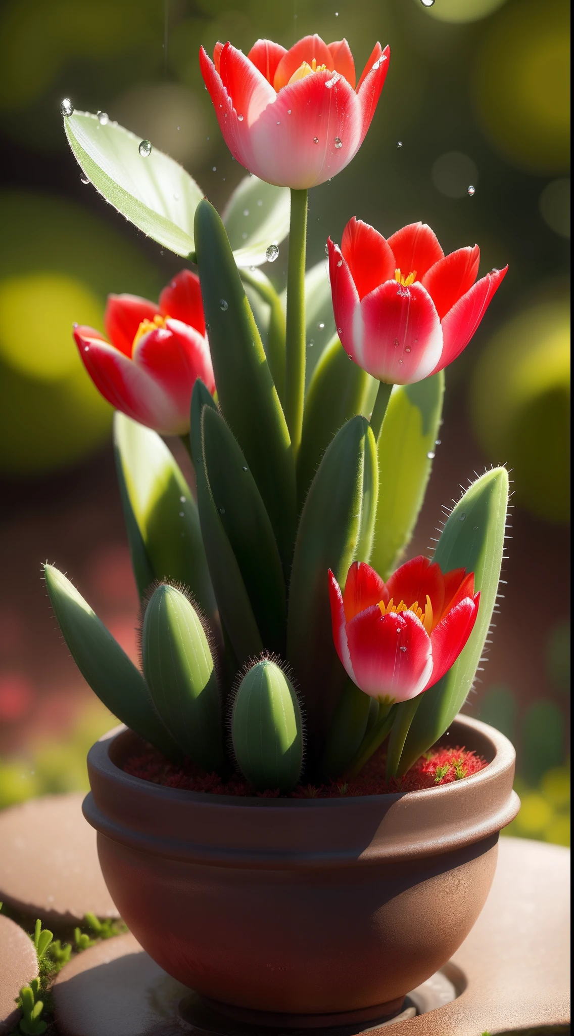 Scarlet tulips, cactus, water drops, bokeh, Mossy background, Warm, muted, tonesSplendor, Colorful, Amazing photography, photo-realism, ultra - detailed, 4K, depth of fields, A high resolution, film grain, macro