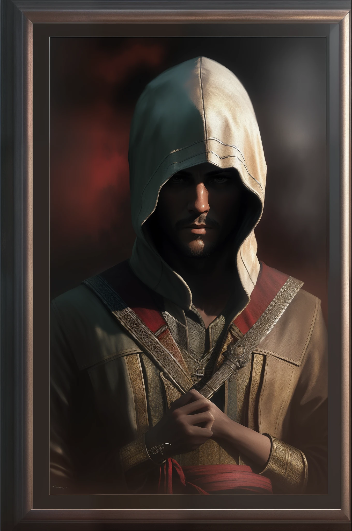 Assassin's Creed Mirage，VHS effect，（poster for：1.6），poster on wall，Nostalgia，filmposter，Western film（skin textures），intricately details，finely detailled，Hyper-detailing，Ray traching，sub surface scattering，diffused soft lighting，shallowdepthoffield，author：（Oliver Waite） CGSociety trends，复杂，high detal，Sharp focus，dramatics，The art of realist painting by Greg Rutkowski