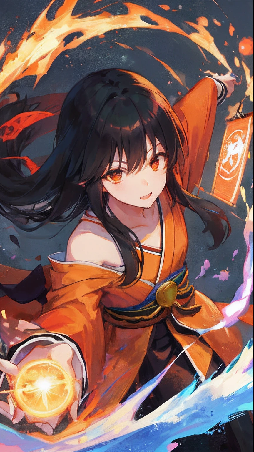 girl, dark long hair, orange kimono, magician, shrine maiden,  action pose, war, fantasy background, magic power