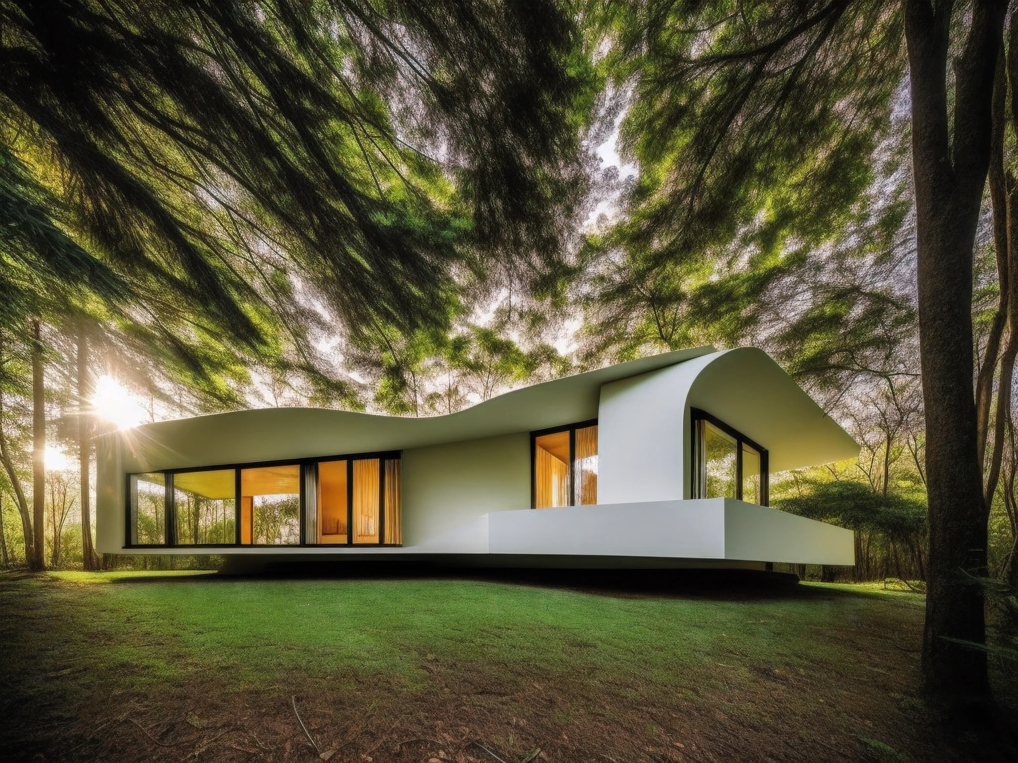 Um casa ultra moderna futurista, com acabamentos de metal, com detalhes de a ouro brilhante, casa inspirada em oscar niemeyer, estrutura da casa desafiando as leis da gravidade, casa moderna desafiando a lei da gravidade, em um fundo de uma floresta nativa, dia ensolarado com poucas nuvens, Realistic photography.