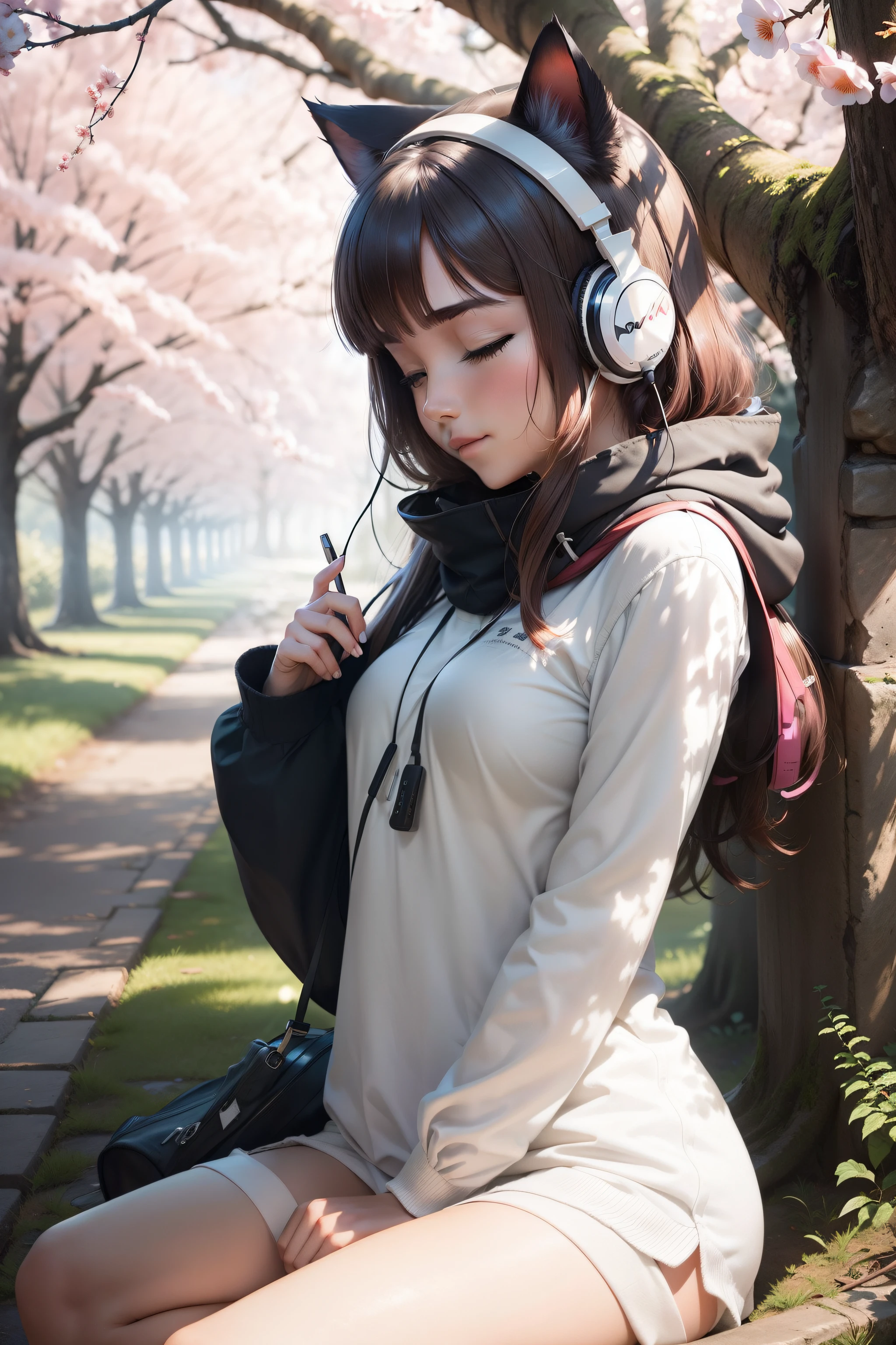 A cat, sits on a tranquil beneath the shade of a blossoming cherry tree. She's the centerpiece of the image, engrossed in her own world. The girl wears a contented smile, her eyes closed, and a pair of stylish headphones covering her ears. The headphones serve as a colorful barrier, signaling her desire for solitude and quietude.
Sunlight filters through the branches, casting dappled shadows on her figure. A gentle breeze rustles the leaves, creating an aura of calm.
The girl's body language exudes relaxation, while her choice of headphones becomes a visual symbol of her intention to escape into her own world of music or thought. The scene conveys a sense of unity with nature and an unspoken understanding of personal space, capturing a peaceful moment of solitude amidst the beauty of the outdoors.