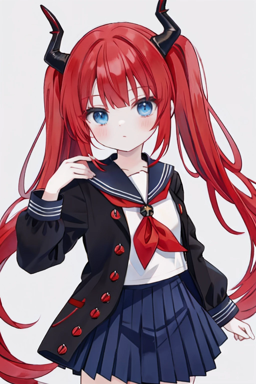 red hair, blue eyes, twintails, Sailor suit,black coat, Dragon horns,Pleated skirt,solo
