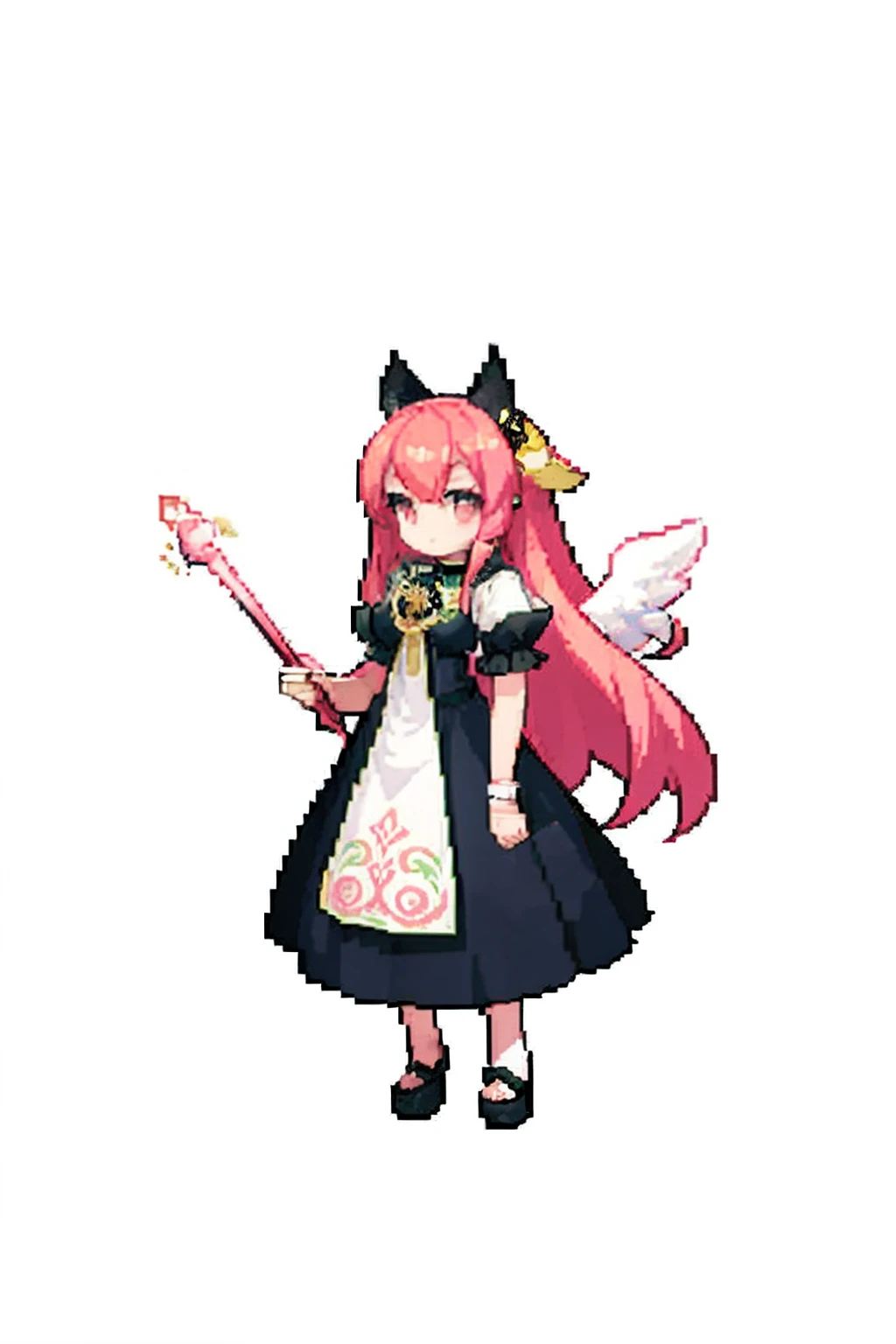(masutepiece, of the highest quality, Best Quality), pixels, Pixel art, 1girl in, Full body, White long hair, Pink eyes, Black long wedding dress, Big Angel Wings,Green background、cat ear、Have a big cane、Releasing electricity from the cane