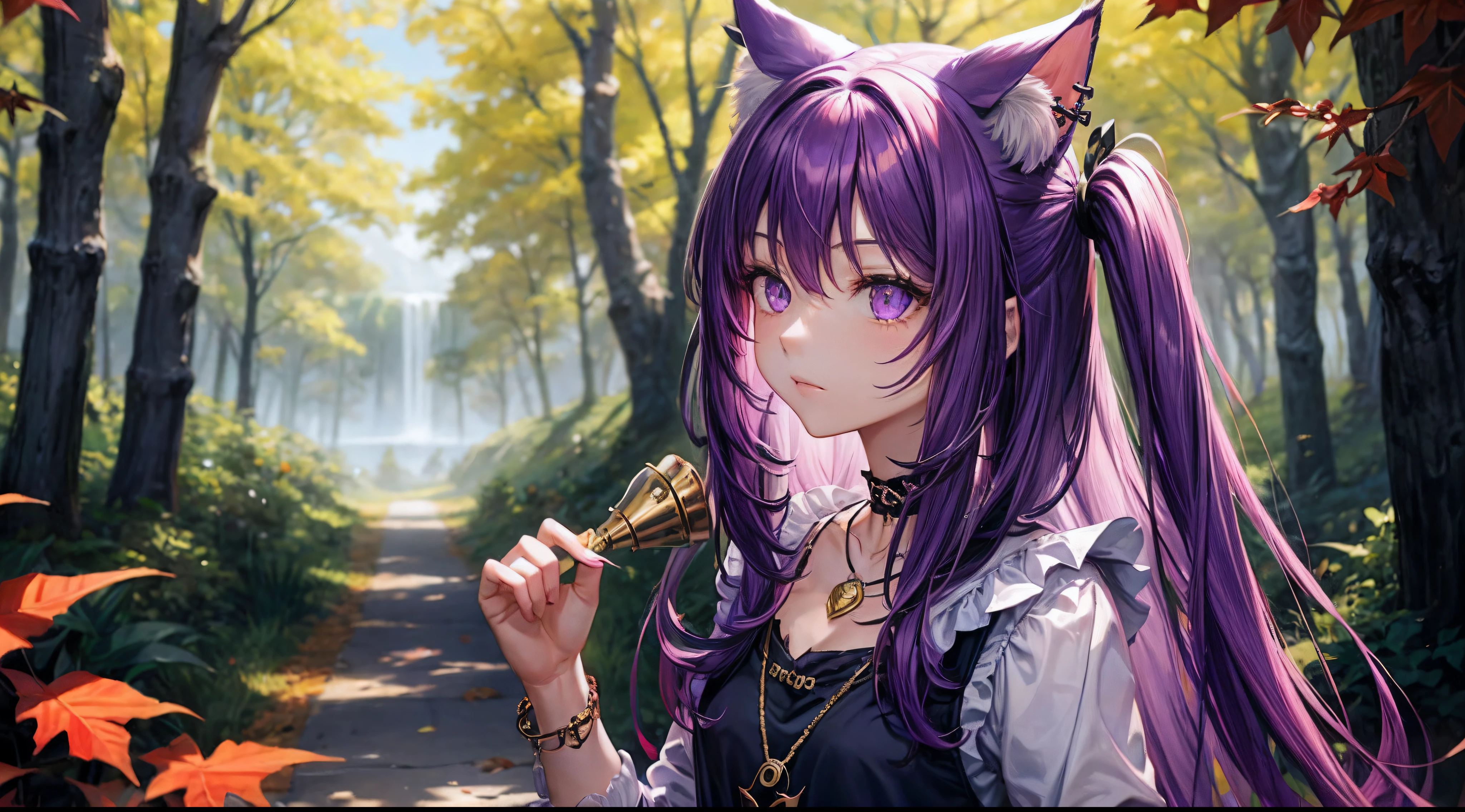 cheshire cat, Metal necklace, long whitr hair, medium haired, Purple colored hair, Animal ear, Cat ear original, 1girll,Side portrait of upper body, (Solo exhibition), scenecy, Scenes, red trees, ln the forest, Lake, autumnal,