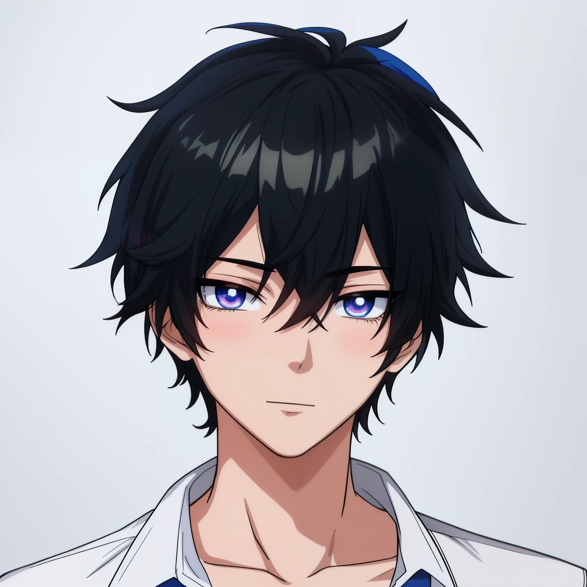 Anime boy with black hair and blue eyes in a white shirt, inspired by Okumura Togyu, inspirado em Okumura Masanobu, young anime man, Anime portrait of a handsome man, anime moe art style, hana yata, Anime handsome man, male anime character, high detailed face anime, Kazuto Okada。