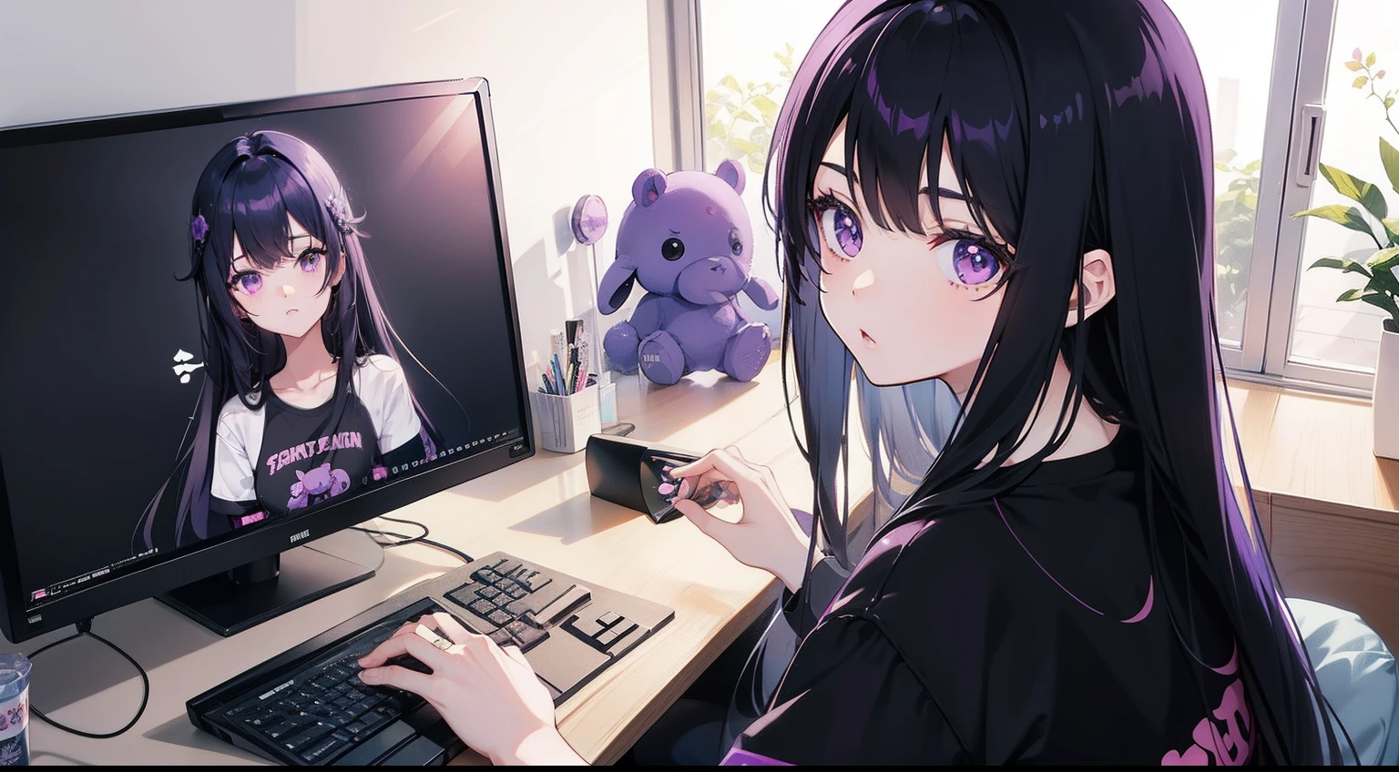 anime style photo of spring vasu, anime girl with long black hair and purple eyes, using computer, in anime style spring vasu's house, wearing jeans and black tshirt with purple elephant doodle on tshirt, tight blue jeans, sitting on computer chair, using computer, looking at the computer, from back camera angle, full room view