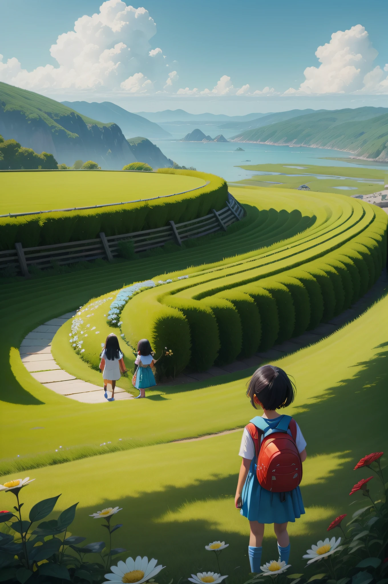 hyper HD, hyper HD, Textured skin, 4K Miyazaki Hayao Hayabusa style healing cartoon two children flower sea background,Short lawn,Near the kid's skirt sky blue,Red backpack