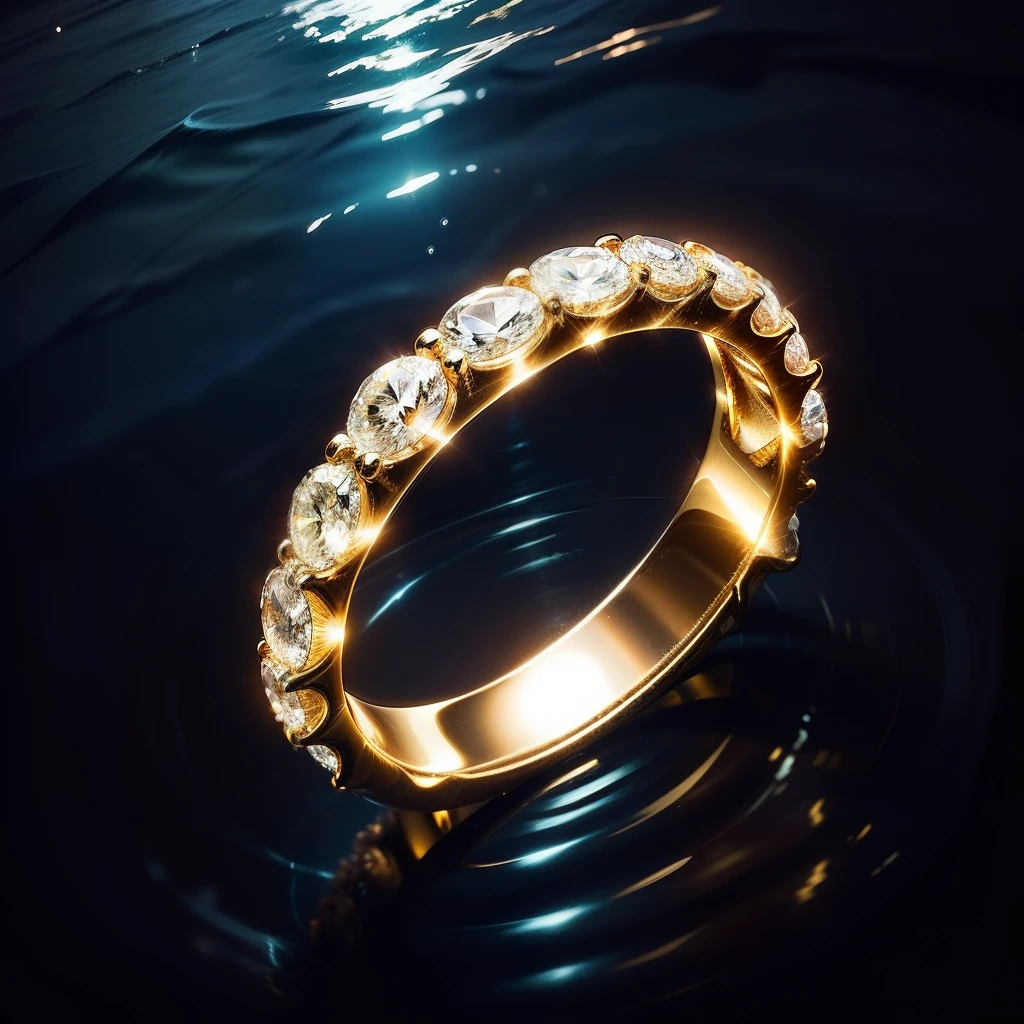 A wedding ring,In the water,Dazzling,Exudes a colorful glow,The ring is particularly creative