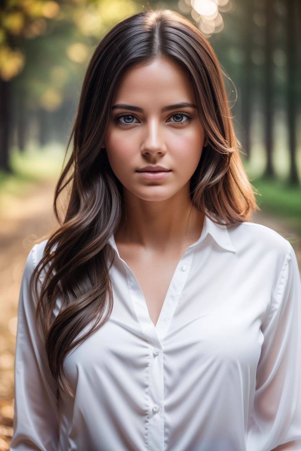 Nature photography of a beautiful girl, Wearing a white blouse, Whistling hair,Lock your eyes on the camera, Symmetrical eyes, Symmetrical face, Photorealistic, Photography, path tracing, Specular lighting, Volumetric face light, Past-Traced Hair, Visible shadows, Convoluted, Elaborate