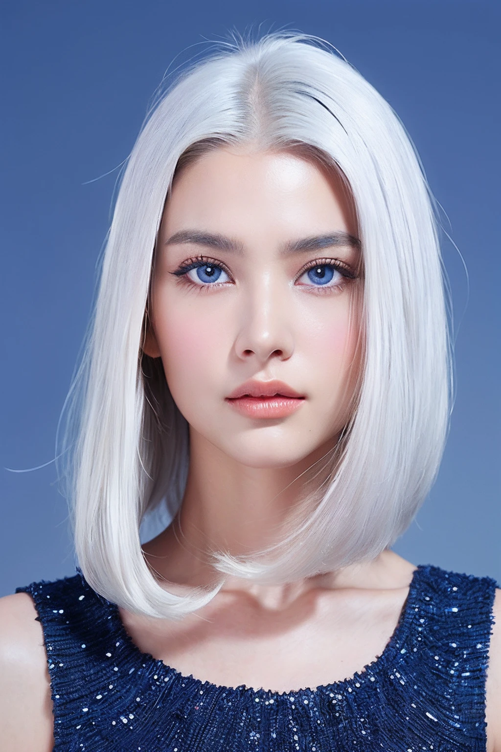 (extra detailed body、extra detailed face、best qualtiy:1.2)、femele、looking at the viewers、(Mode Fashion Show、White hair、blue eyess)、(blue moon in the background:1.4)