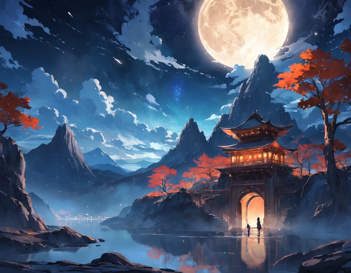 the night,The next quarter of the moon,Ring cloud,Rolling mountains,Sparkling river,Starlight,Empty