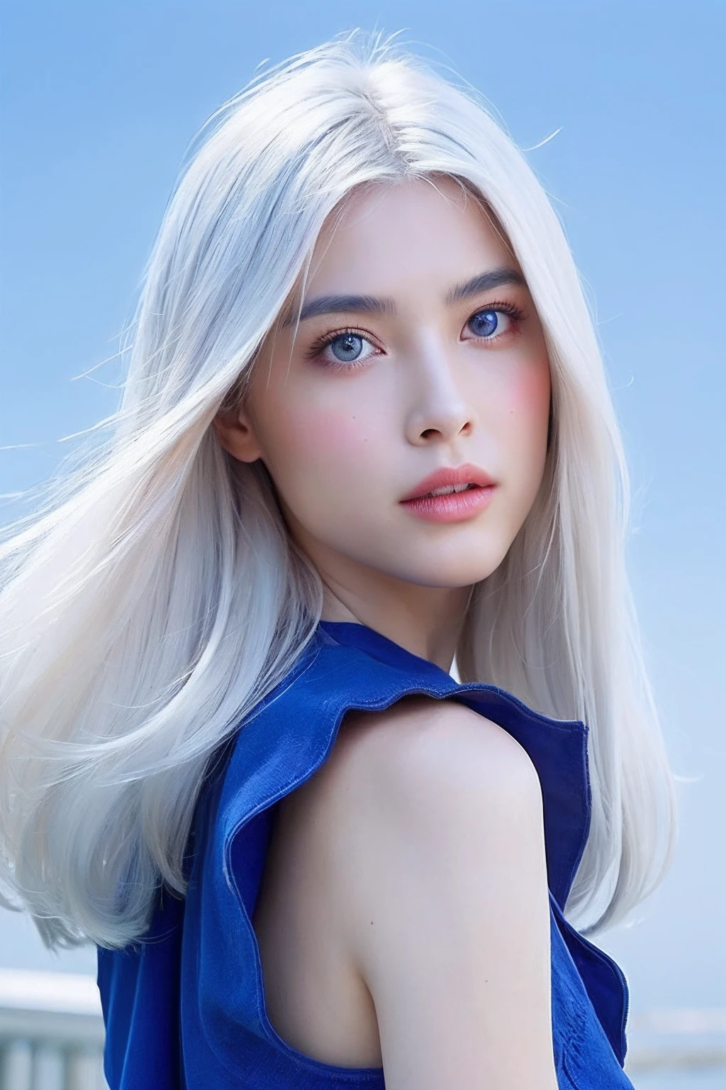 (extra detailed body、extra detailed face、best qualtiy:1.2)、femele、looking at the viewers、(Mode Fashion Show、White hair、blue eyess)、(blue moon in the background:1.4)