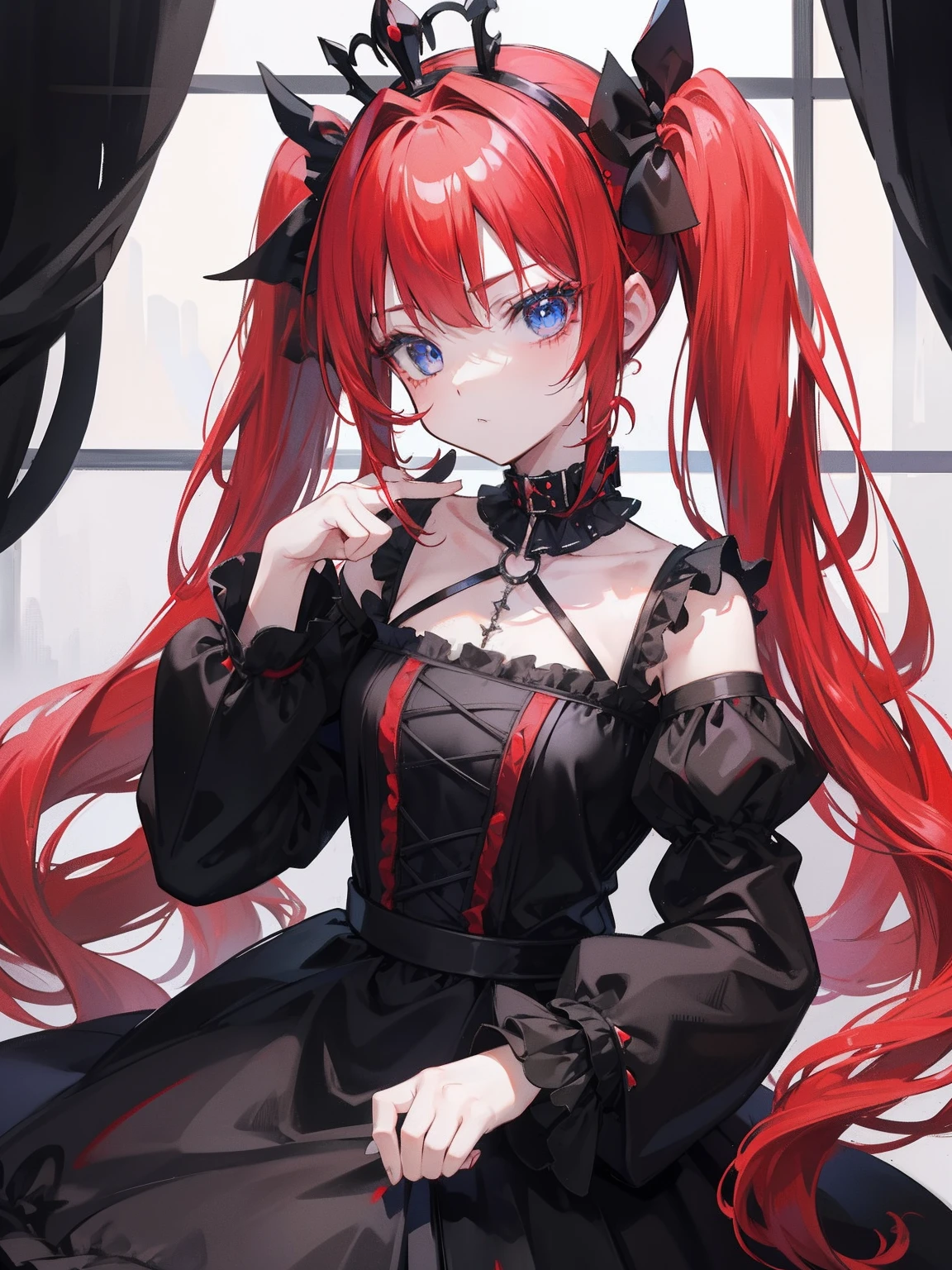 Red hair, Blue eyes, twintails, Goth Lolita, Darkgoth, Collar,Crown tiara,pride,solo,loli,Long hair,{{best quality}}, {{masterpiece}}, {{ultra-detailed}}, {illustration}, {detailed light}, {an extremely delicate and beautiful},,cute,