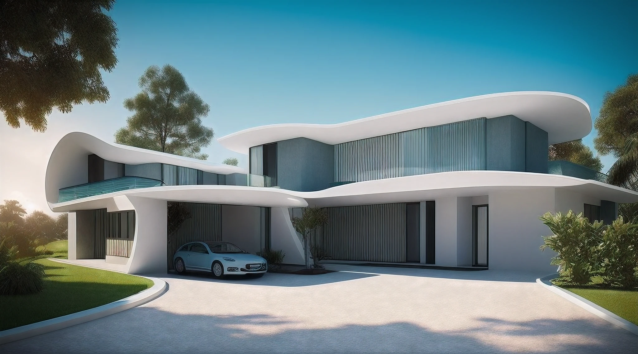 (((Um casa ultra moderna futurista, com acabamentos de metal, com detalhes de a ouro brilhante, casa inspirada na obra de oscar niemeyer))), estrutura da casa impressionante, desafiando as leis da gravidade, casa moderna desafiando a lei da gravidade, em um dia ensolarado com poucas nuvens, Realistic photography.