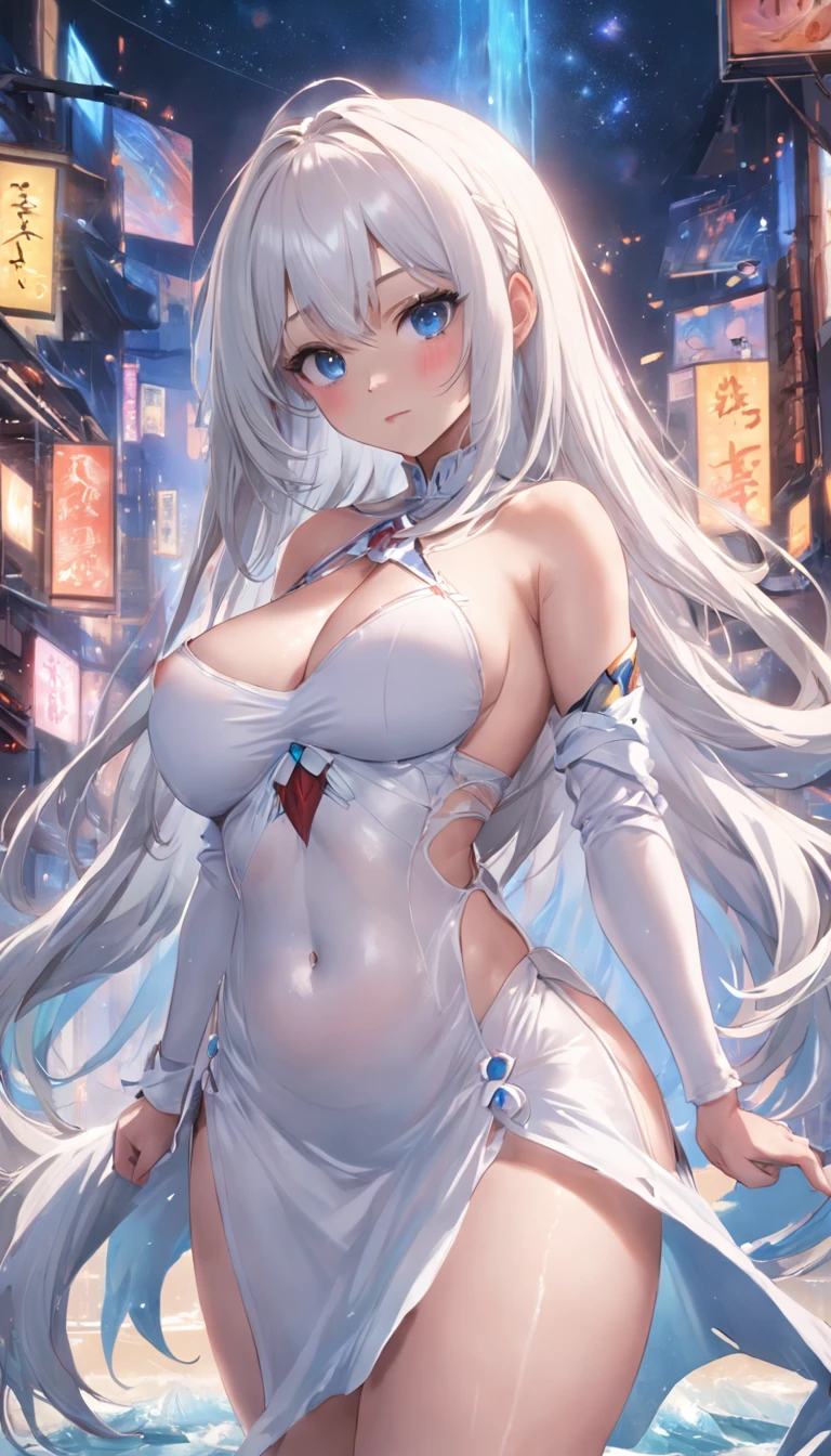 Charming big sister,a plump buttocks,Busty sexy ass focus,A masterpiece,8K digital art,Ultra-clear image quality,perfect bodies,long white hair,tear-mole,with long bangs,Cover bangs,Blue eyes,longer sleeves,high detal,high qulity,white bustier,White slit skirt,revealing buttocks,white stockings,exposing her chest,Ass focus,Ass focus,Ass focus,Bigchest,Exposing the abdomen,ssmile,Oversized,ultra gigantic tits