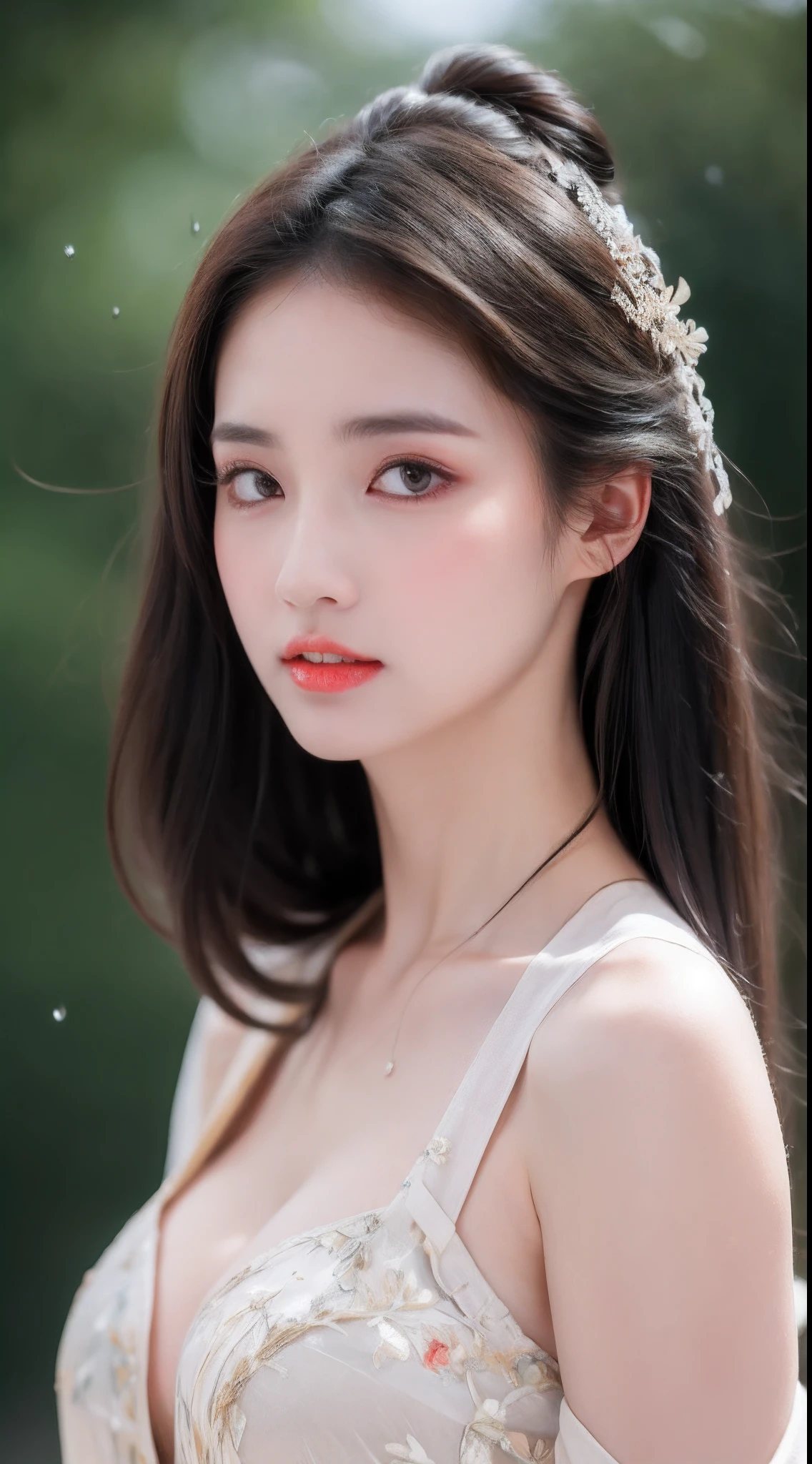 ((Best Quality, 8k, Masterpiece: 1.3)), Focus: 1.2, Perfect Body Beauty: 1.4, Buttocks: 1.2, ((Layered Haircut)), (Wet Clothes: 1.1), (Rain, Street:1.3), (Breasts: 1.2), (Hanfu: 1.2), Bare Shoulders, Bare Legs, Highly Detailed Face and Skin Texture, Fine Eyes, Double Eyelids, Whitened Skin, Long Hair, (Shut Up: 1.5), (Bokeh Background: 1.5), Big Breasts
