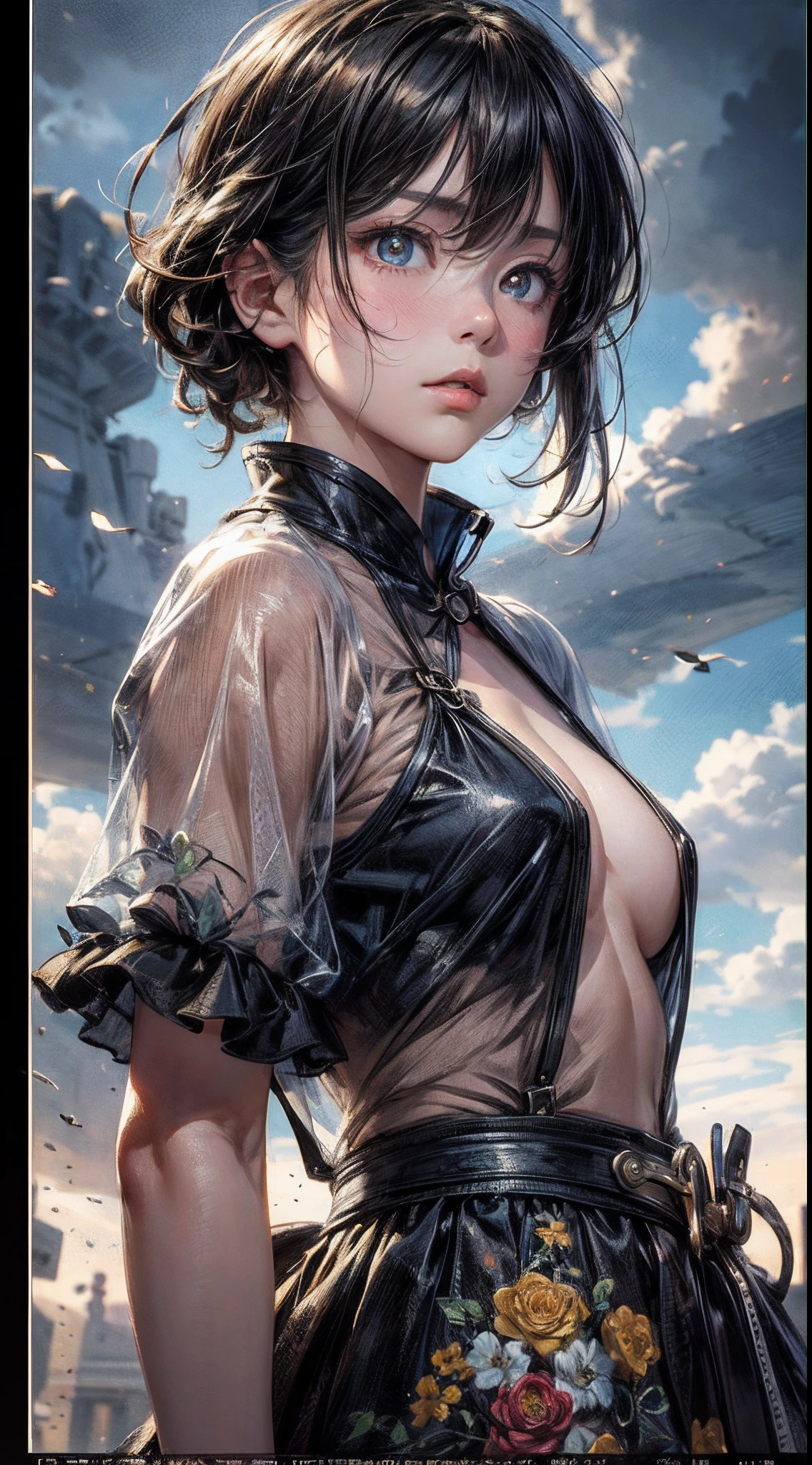 baby doll,Bigchest,Standard human body,Side shot, (deserted:1.3), (tmasterpiece, 最好质量, Near and far law, depth of fields:1.5), florals, Umi, clouds, beautiful face, from below, 8K, RAW photogr, absurdist, Impresionismo, (Tom Thomson, Claude Monet, Joaquin Sorolla, James Wilson Morris, Jon Fabian Aluson, Hugh Henry Breckenridge:0.8), hdr, photoreallistic, Film grains, color difference, k hd, ultra - detailed, finedetail, 动态照明, Dramatic lighting、shadowy、Sharp focus、very detailed eyes and faces、Sharp pupils、Realistic pupils