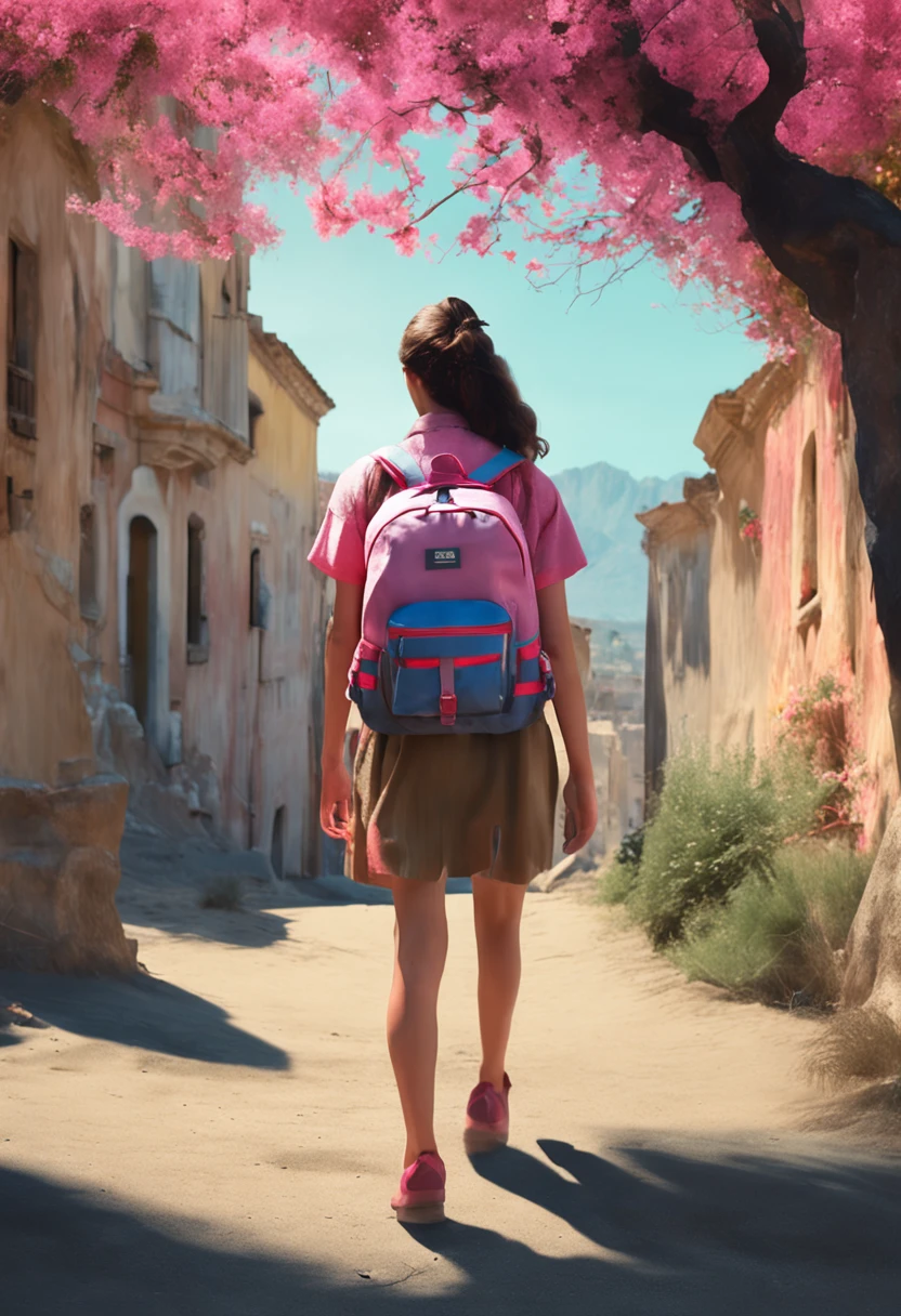 Girl carrying backpack，Wearing a pink top，Blue flowers，bust，Degas oil painting style