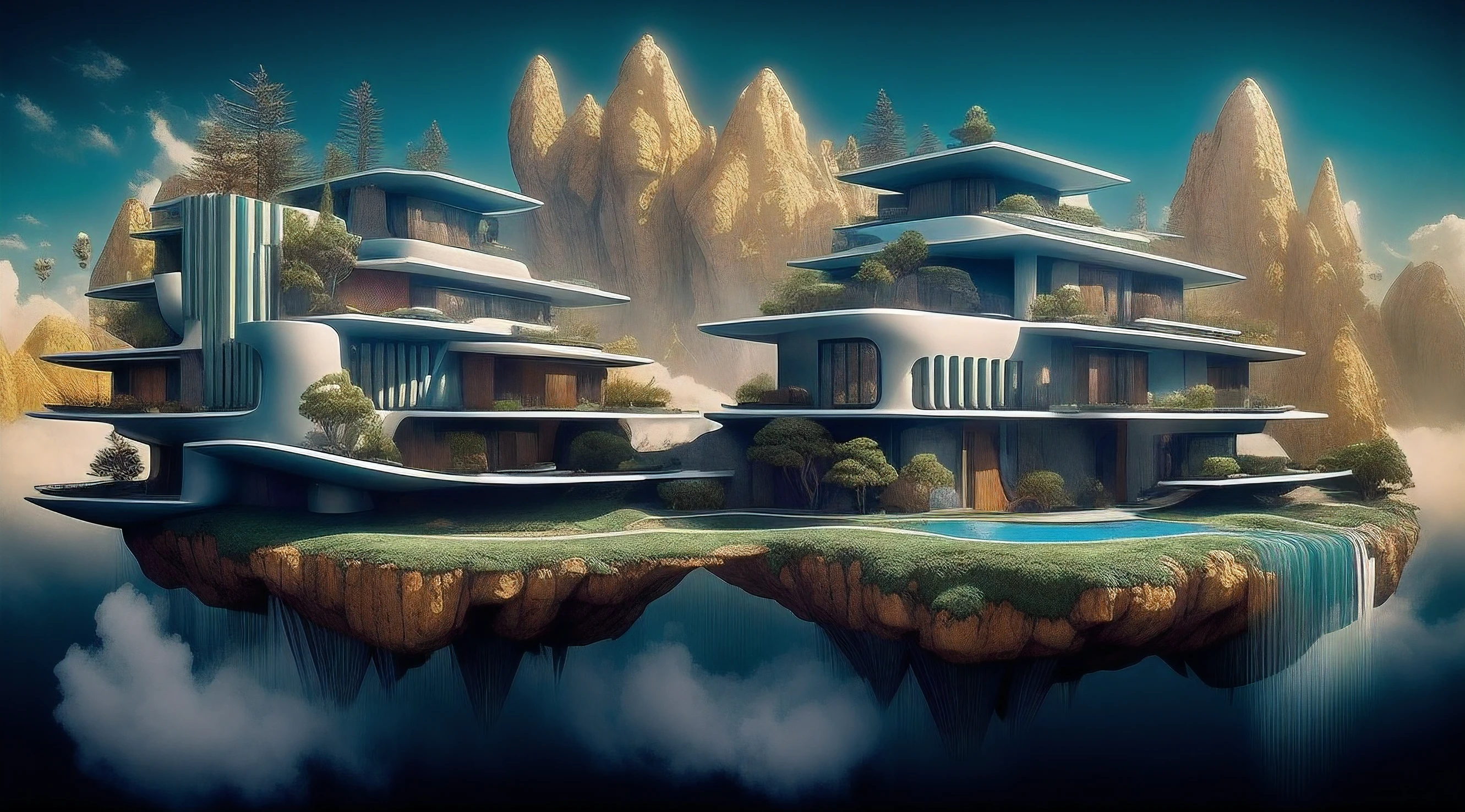 (((Um casa ultra moderna futurista, com acabamentos de metal, com detalhes de a ouro brilhante, casa inspirada na obra de oscar niemeyer))), estrutura da casa impressionante, desafiando as leis da gravidade, casa moderna desafiando a lei da gravidade, em um dia ensolarado com poucas nuvens, Realistic photography.