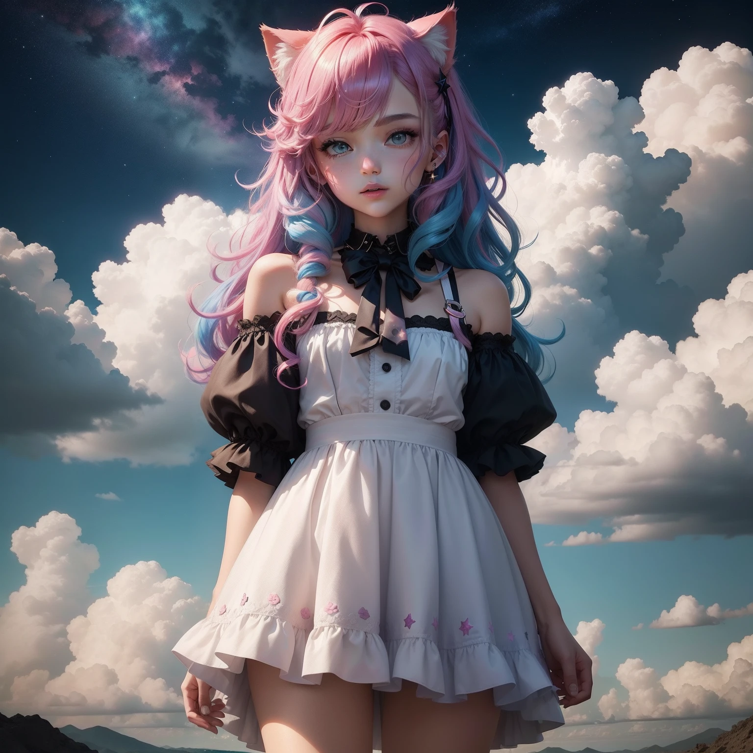 (tmasterpiece,top-quality,best qualityer,Anime style(curly),offcial art,Beauty and aesthetics:1.2),(1boy:1.3),looking at viewert,(rainbow colour hair,The color hair,Half blue and half pink hair:1.2),Eau,liquids,clouds,Colorful,Starry,As estrelas,cat ear