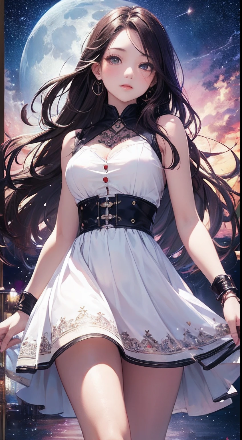 （Close-up of the painting style，8k ultra high definition，Masterpiece grade vista CG wallpaper）Magnificent sky，cute girly，Perfect slim body，Colorful sleeveless dress，Pure eyes，Smooth skin，Stroll through the colorful gardens，background moon，Galaxy River，dreamy sky。